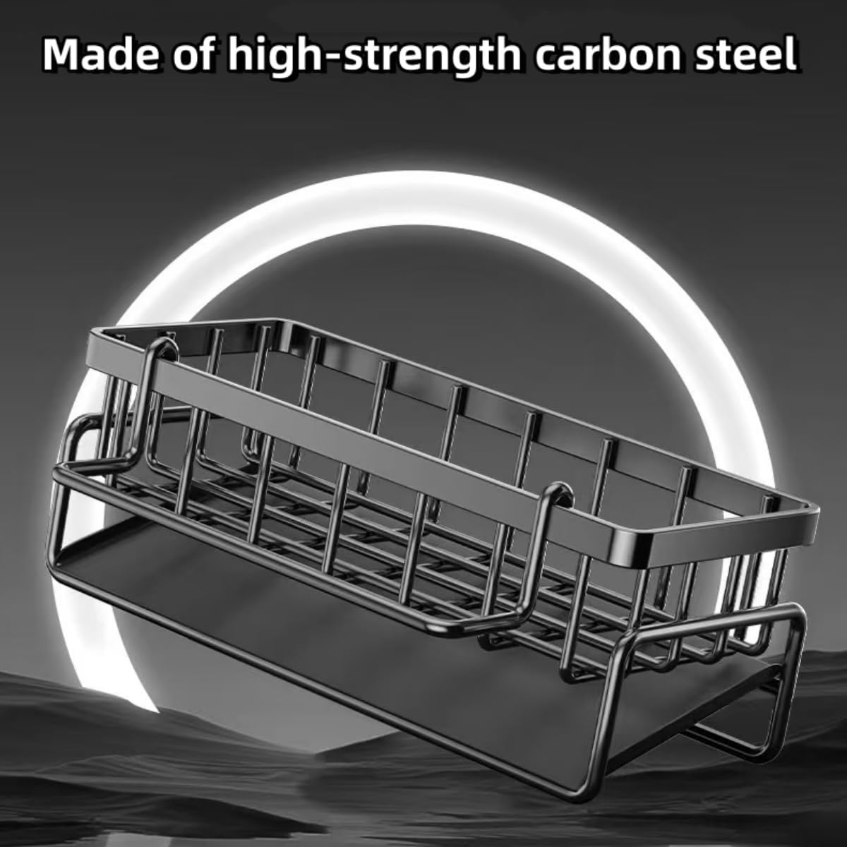 Kitchen Sink Caddy Organiser with Self Draining Tray, Sponge Holder for Kitchen Sink with Brush Holder, Dish Soap Holder, Kitchen Sink Accessories Made of Carbon Steel image number 1