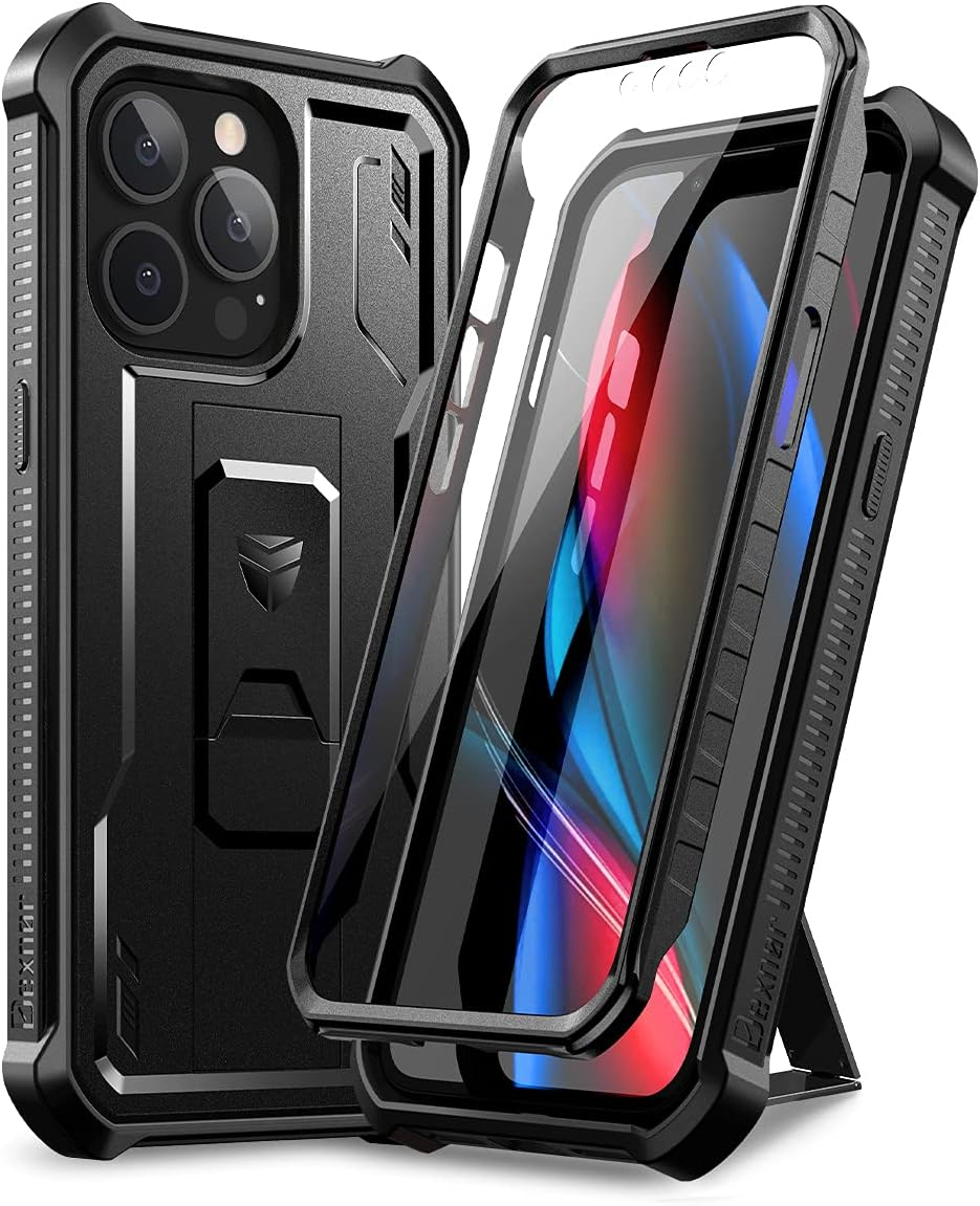 Dexnor for Apple Iphone 13 Pro Max Case, [Built in Screen Protector and Kickstand] Heavy Duty Military Grade Protection Shockproof Protective Cover for Apple Iphone 13 Pro Max - Dark Black
