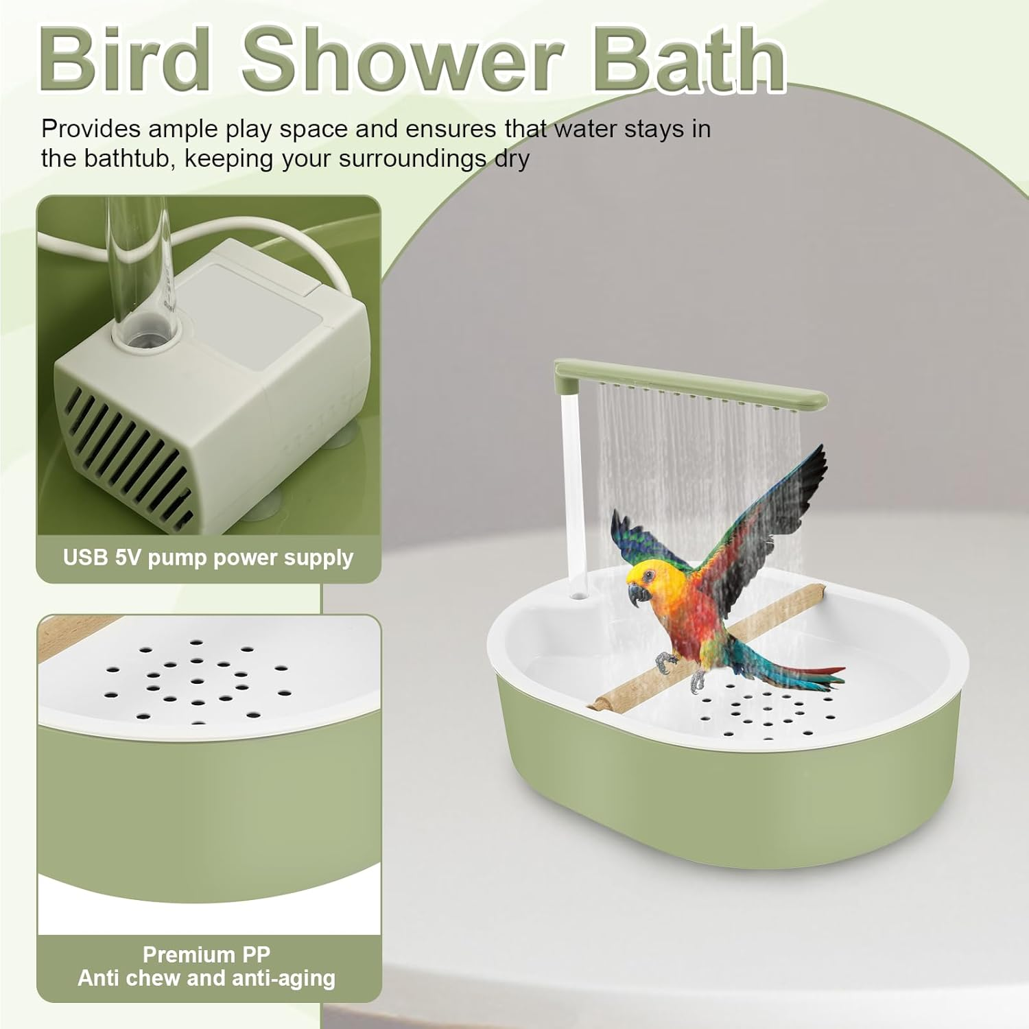 NIPUAEGO Bird Automatic Bathtub, Birds Baths Box, Parrot Tub Shower Fountain, with a USB 5V Pump, Parrot Electric Bathtub Shower, for Lovebird Cockatiel Finches Cockatoo Conure Green
