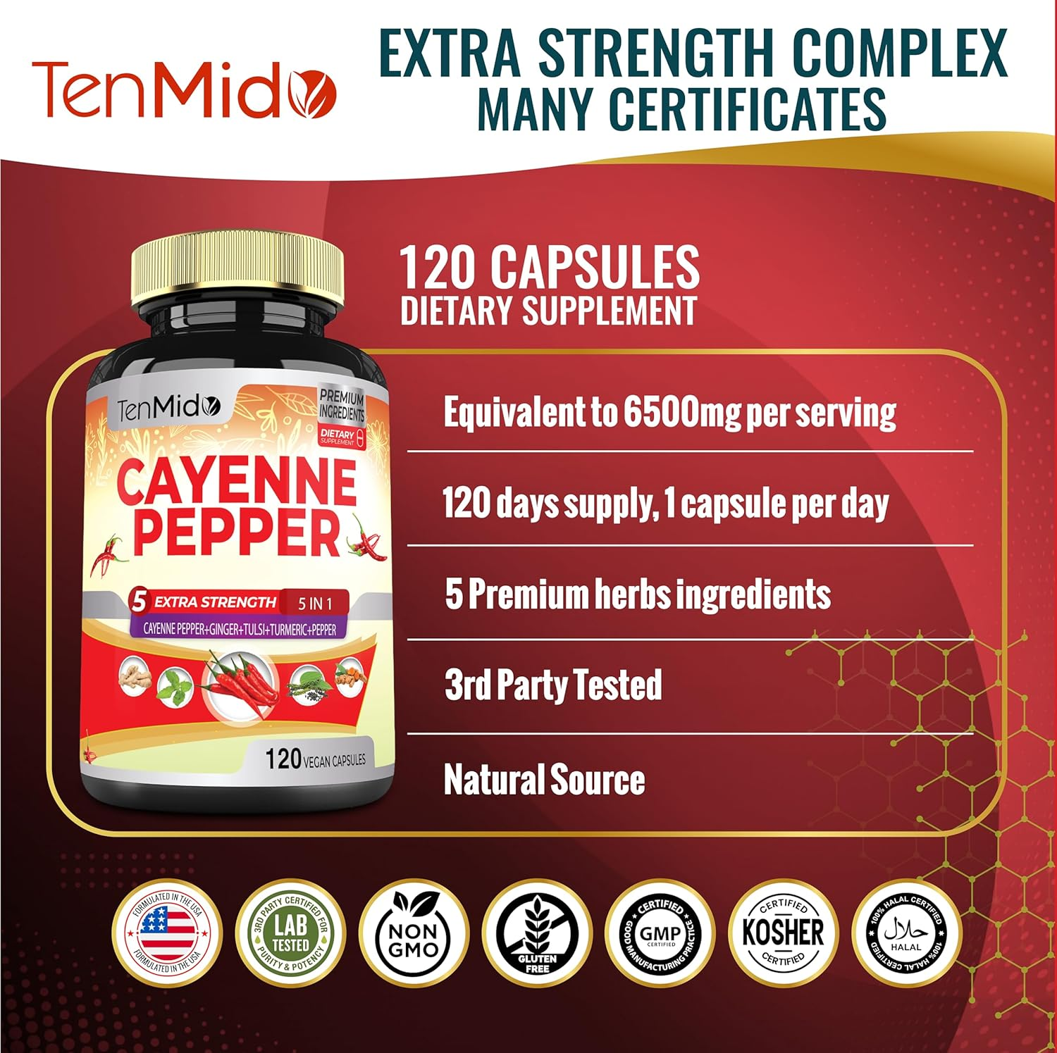 Tenmido Cayenne Pepper Supplement 6500Mg, 4 Months Supply with Ginger, Turmeric Curcumin, Tulsi, Black Pepper - Supports Immune System, Promotes Digestive System Function - 120 Vegan Extract Capsules