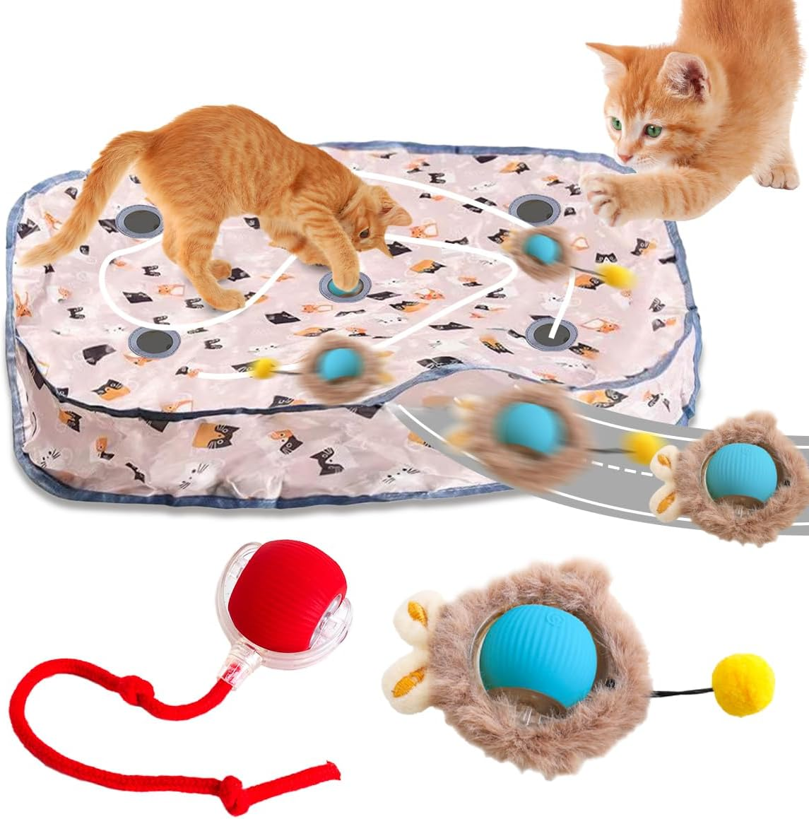 Pnxdeobxl Interactive Pet Toy Balls Set with Mat Mouse Catcher Game for Cats and Dogs 2 Toy Balls Obstacle Avoidance 360&deg; Rotation USB Rechargeable image number 2