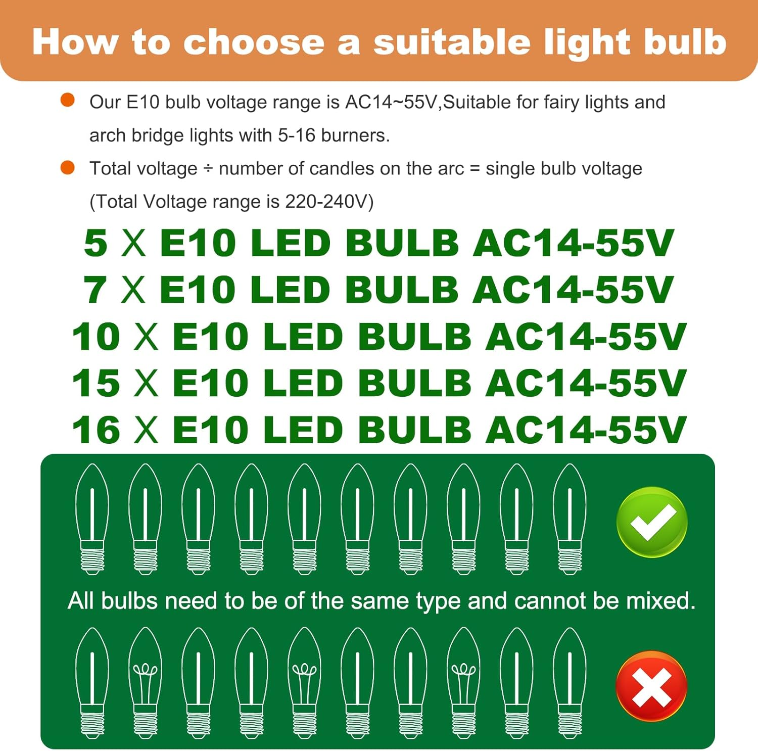 MZYOYO E10 LED Light Bulb, E10 LED Candles for Candle Arch, Candle Arch LED Candles 2100 K Warm White, E10 LED Tapered Candles LED Bulbs for Candle Arch, 0.2 W, 3 LM, AC14V-55V, Clear, Pack of 7 image number 6