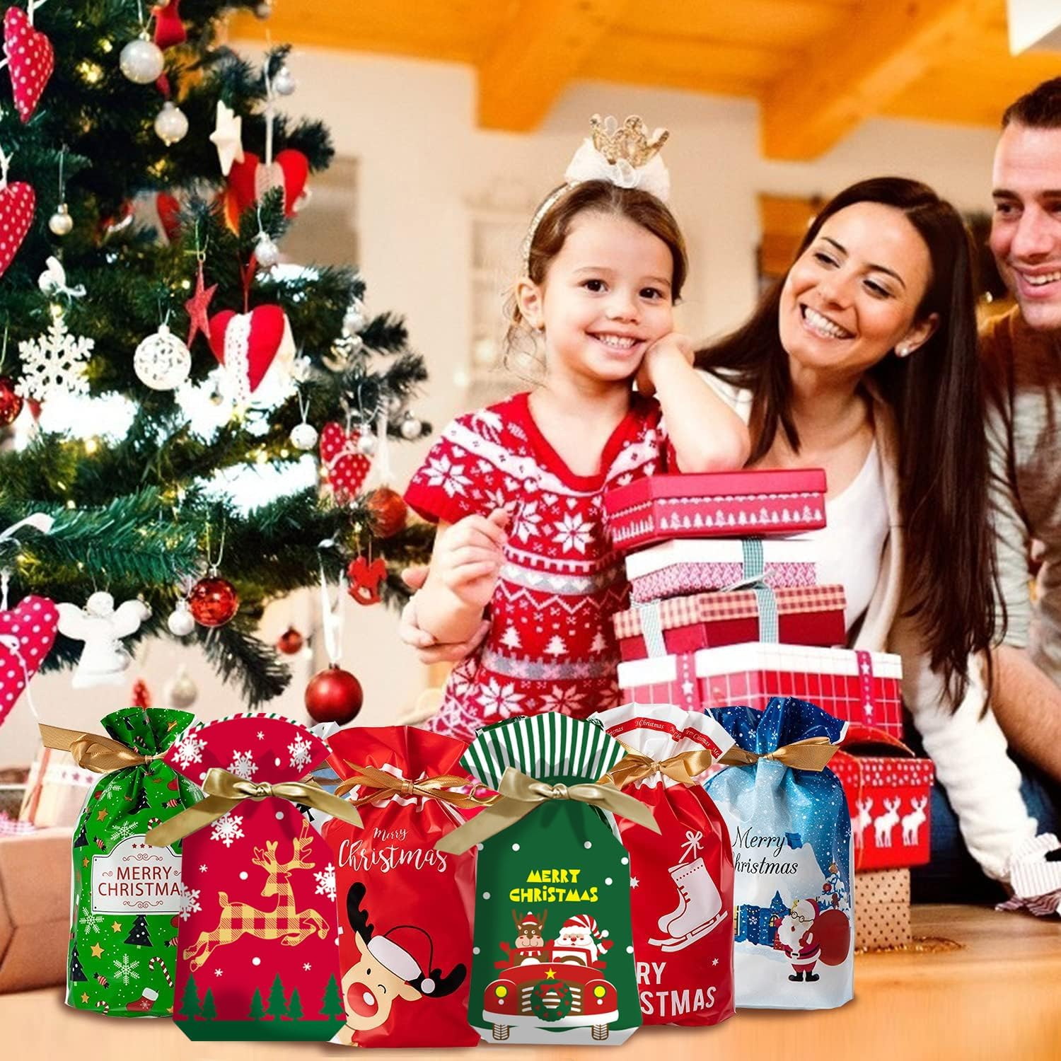 Christmas Candy Treat Bags, Fyvadio 48 Pcs Goodies Plastic Drawstring Gift Bags, Christmas Bag, Pouch Candy Bag, Treat Bag, Goody Bags for Candy Wrapper Birthday Christmas Party Favor Supplies image number 4