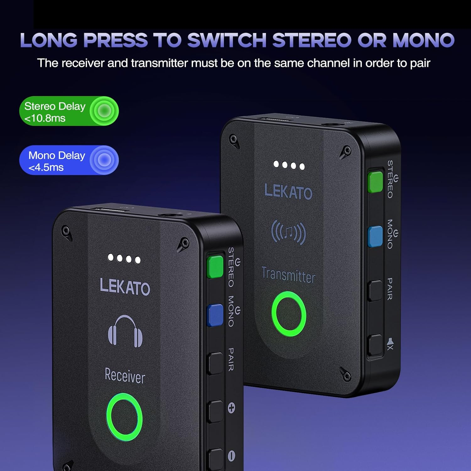 LEKATO Wireless in Ear Monitor System MS-2, Upgraded 2.4G Stereo IEM System Low Latency with Transmitter Beltpack Receiver Auto-Pairing,One to More, In-Ear Monitoring for Church,Band,Singer,Stage - Black-R image number 7