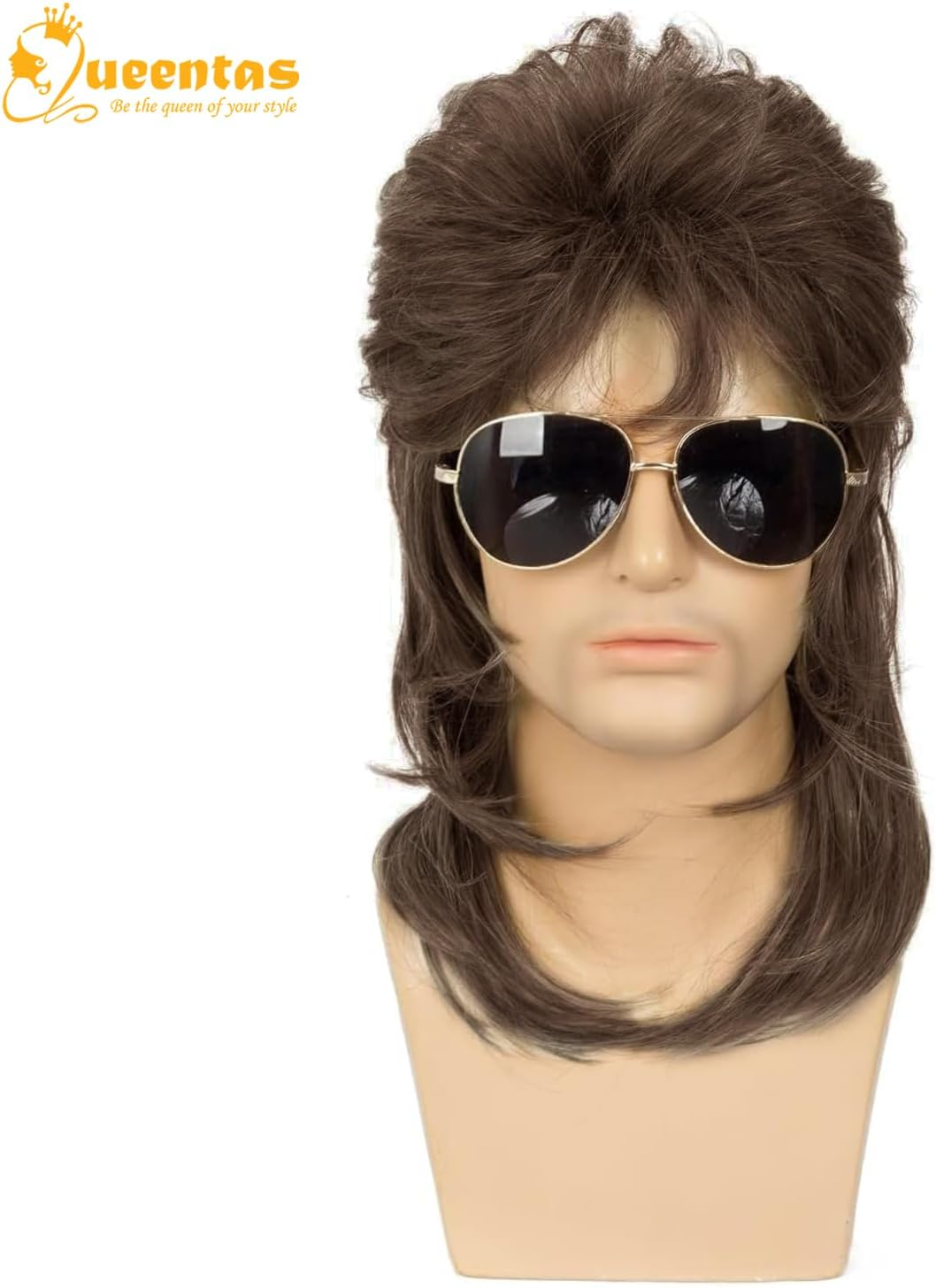QUEENTAS Mullet Wigs for Men Brown 80S Costumes Adult Funny Wig Fancy Party Accessory Cosplay Pop Rock Hair