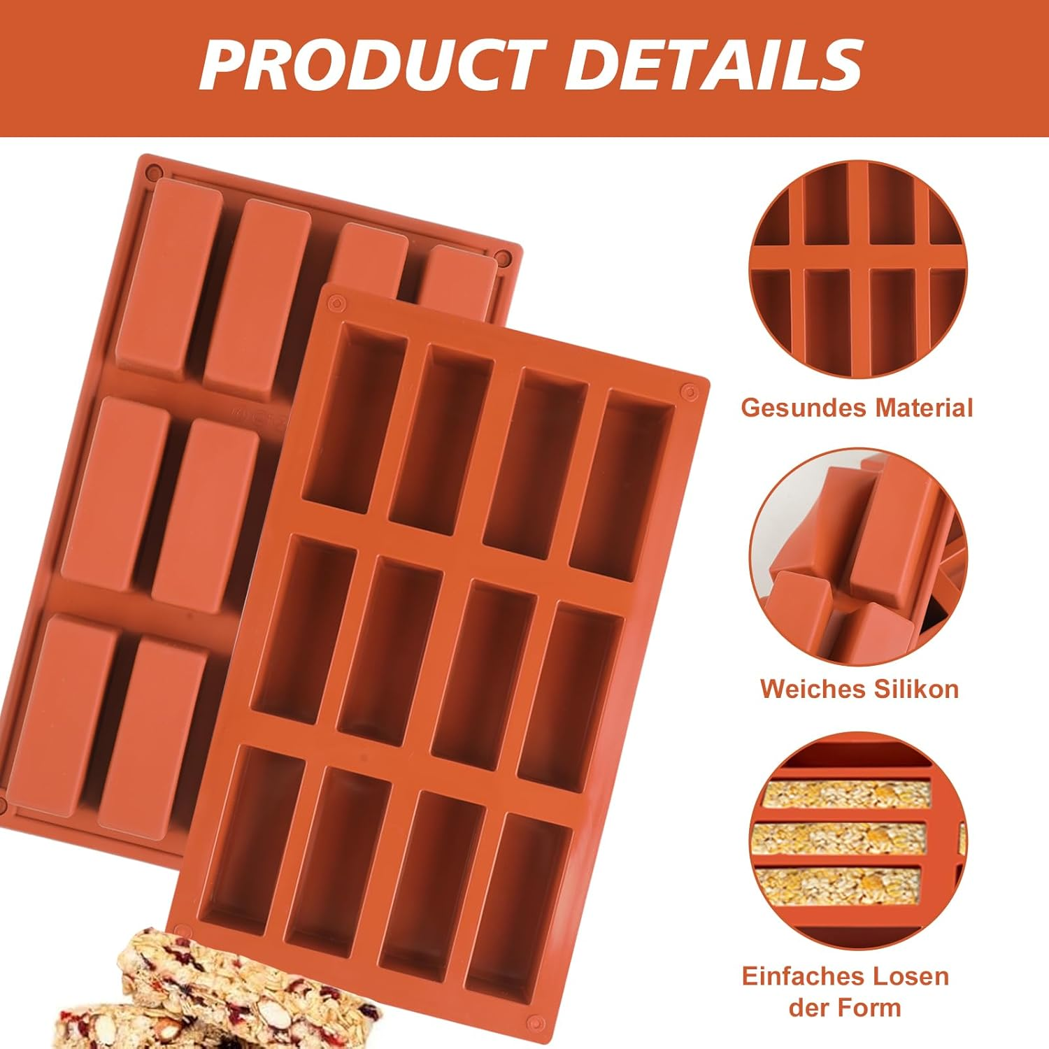 Pack of 2 Cereal Bars Baking Mould, Silicone, 12 Cavities Bar Silicone Mould, Non-Stick Silicone Mould, Rectangular Cereal Bar Mould for Energy Bars, Brownies, Cheesecakes, Muffins, Pudding and More. image number 6