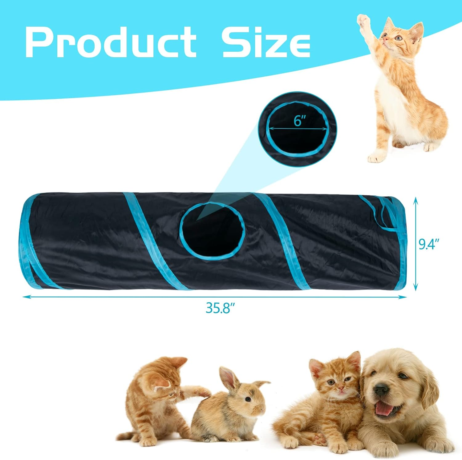 Sheldamy Cat Tunnel, 2-Way Collapsible Play Tunnel, Interactive Toy Maze for Small Animals, Suitable for Kittens, Puppies, Rabbits, Ferrets, Blue & Black - 2 Way Multicolor image number 6