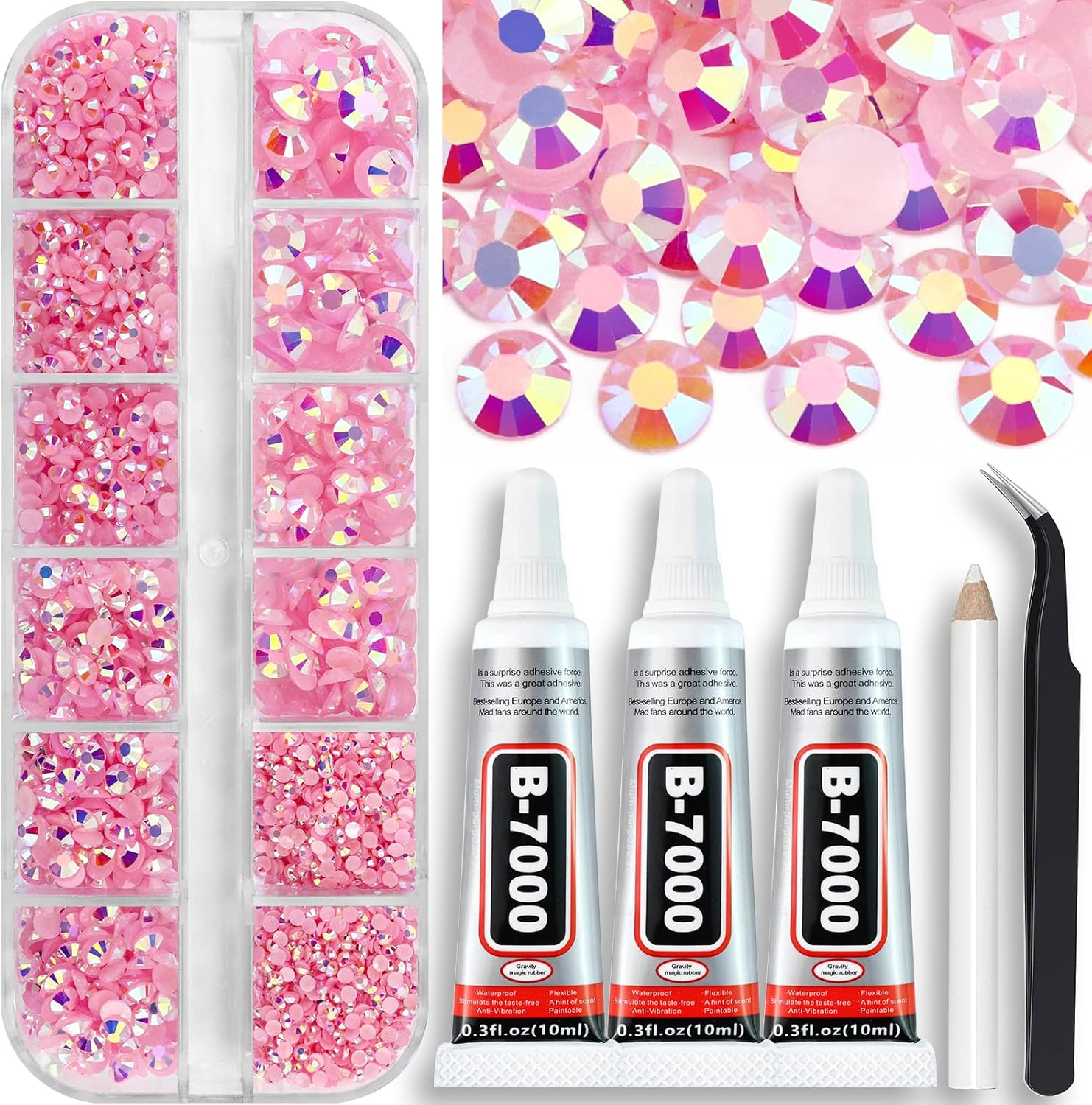 Towenm B7000 Clear Glue with 4000PCS Transparent AB Rhinestones for Crafts Clothing Fabric Shoes, Glue Fix Flatback Gems for Nails Face Jewelry, Mixed 5 Sizes 2Mm-6Mm Diamond Gemstones Bejeweled Kit