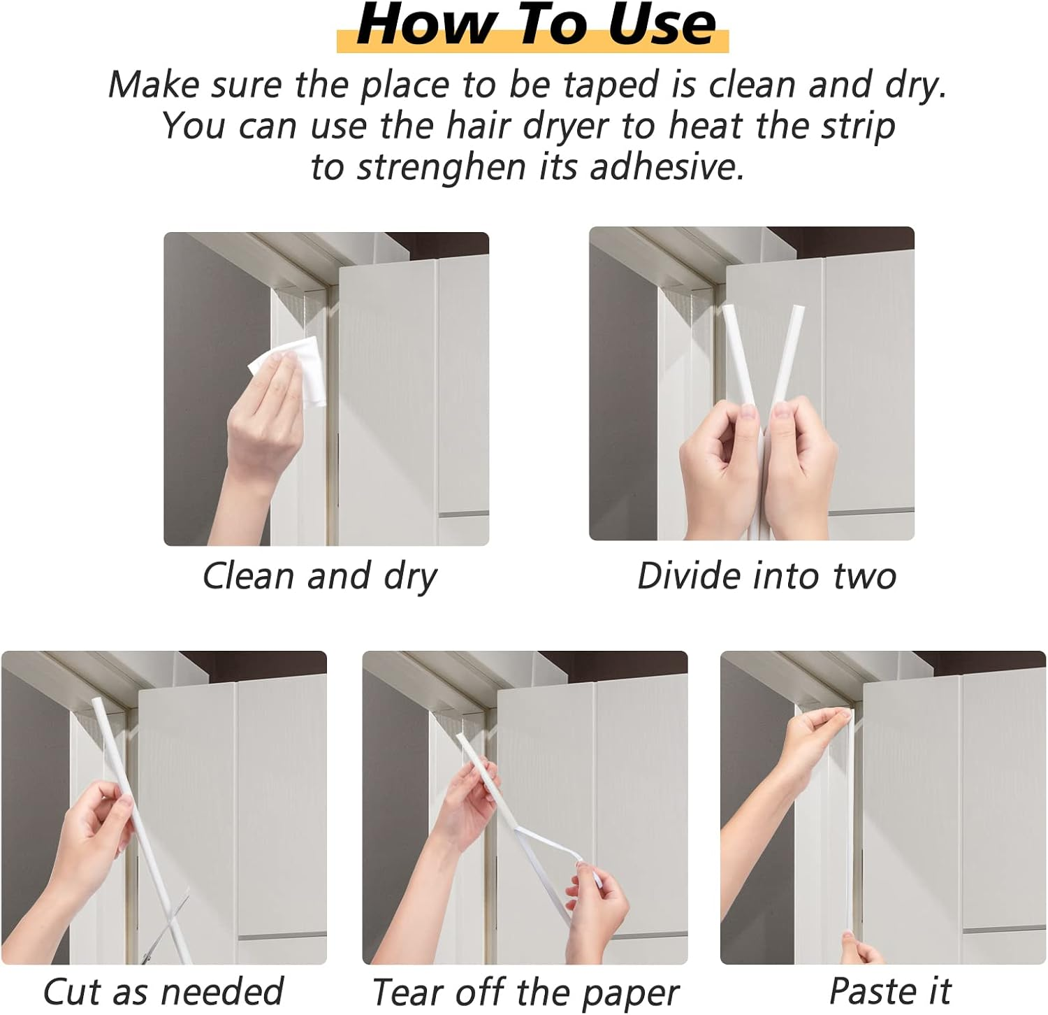 SUNMON D-Type Strip Door Weather Stripping Door Seal Self Adhesive Foam Soundproofing for Doors and Windows, Oundproofing Weatherstrip Gap Collision Avoidance (White) - Black image number 7