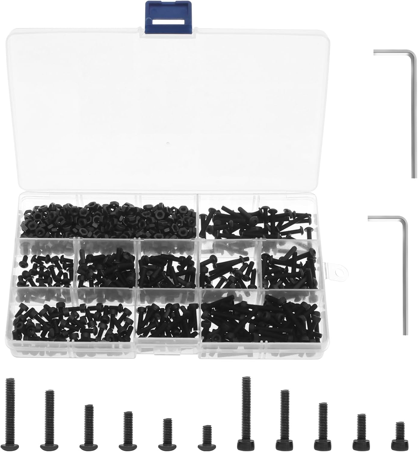 670Pcs M3 Screw Assortment Kit Black M3 Countersunk Flat Head Hex Socket Cap Screws Button Head Socket Cap Screw Bolts Nuts Assortment Kit with 2 Wrenches 1 Storage Box (1Pc)