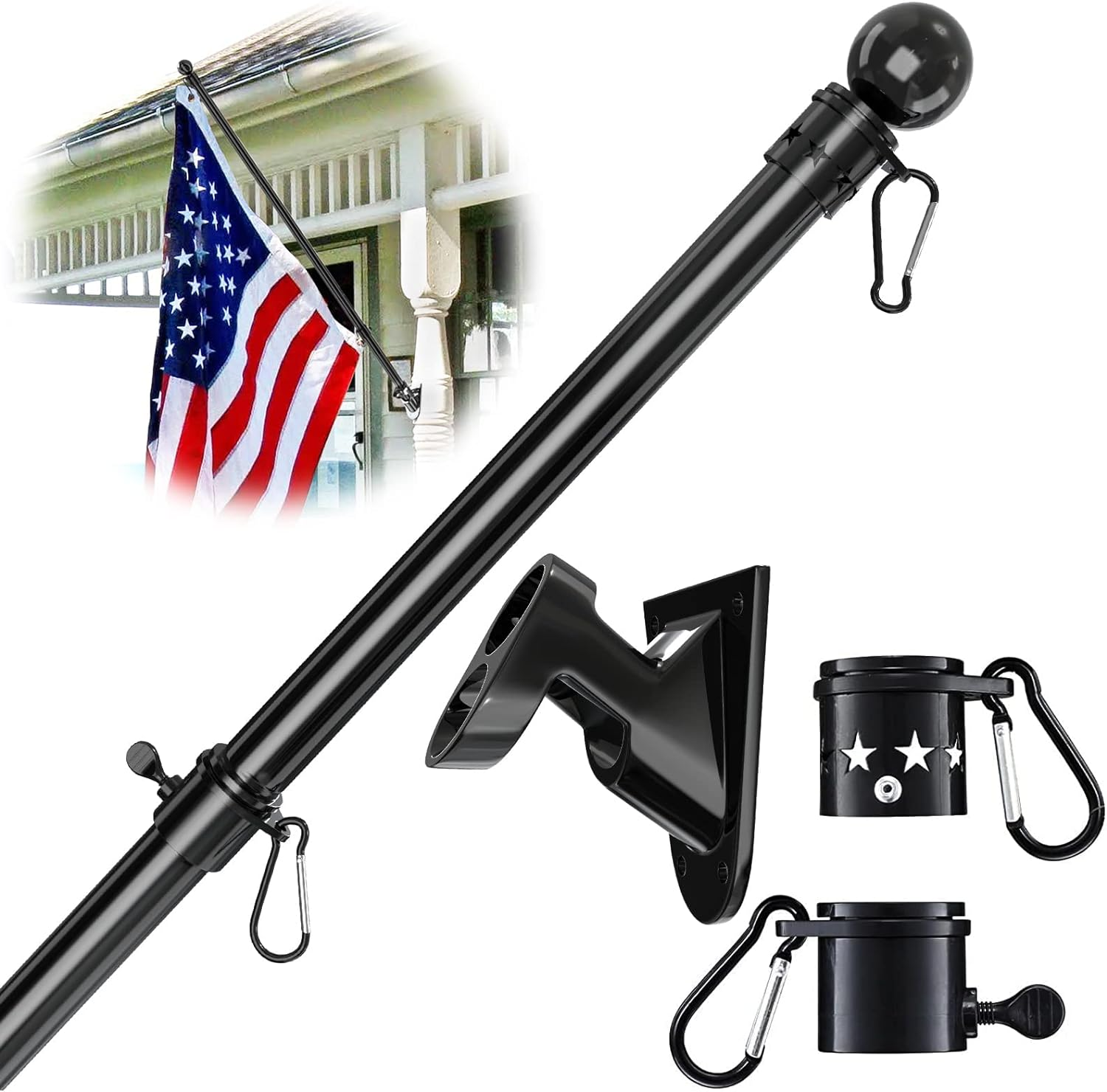 Yeyebest Flag Pole, 5 FT Flag Pole Kit for House, 2 No-Tangle Rings Clips, Flag Holder Bracket, Stainless Steel, Black image number 6
