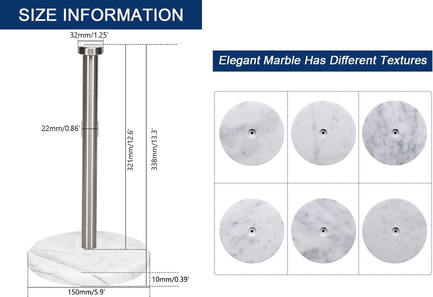 Nearmoon Standing Paper Towel Holder, Kitchen Paper Towel Tissue Holder- for Bathroom Kitchen Countertop, Standard or Jumbo-Sized Roll Paper (With Marble Base, Brushed Nickel) image number 5