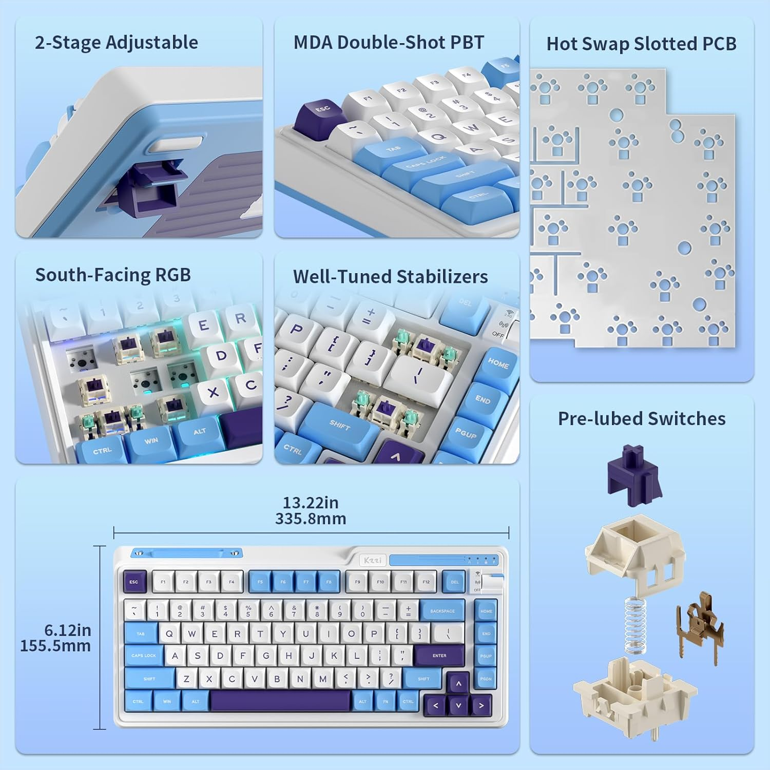 KZZI K75 Lite 75% Gasket Wireless Mechanical Keyboard, RGB Gaming Keyboard W/ 3-Mode Knob BT 5.0/2.4G/USB-C Wired, Hot Swappable, PBT Keycaps, 5-Layer Padding & Creamy Pre-Lubed Custom Linear Switches image number 6