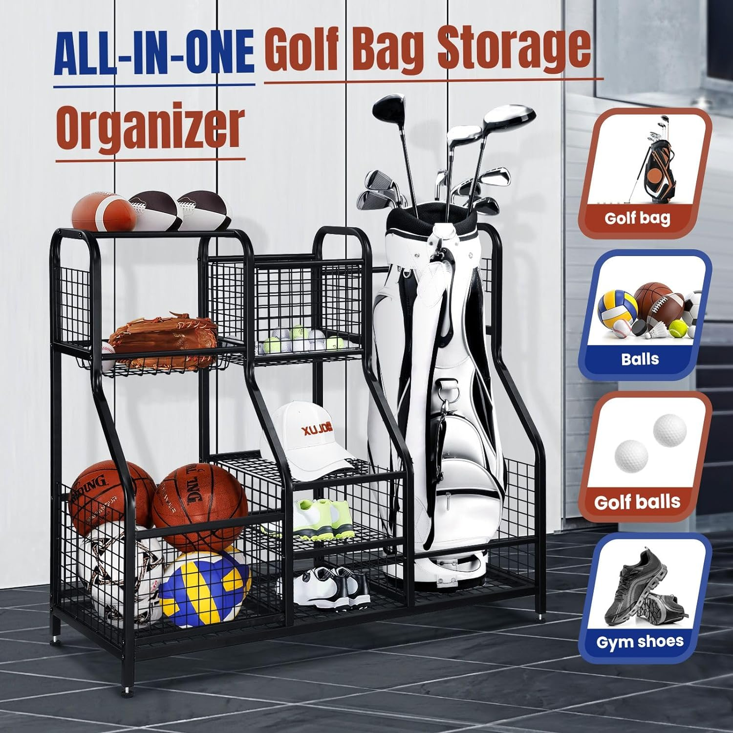 GENKI Large Golf Bag Ball Storage Rack Sports Gear Equipment Organiser for Basketball Football Home Gym Garage Shelves Holder Stand image number 2
