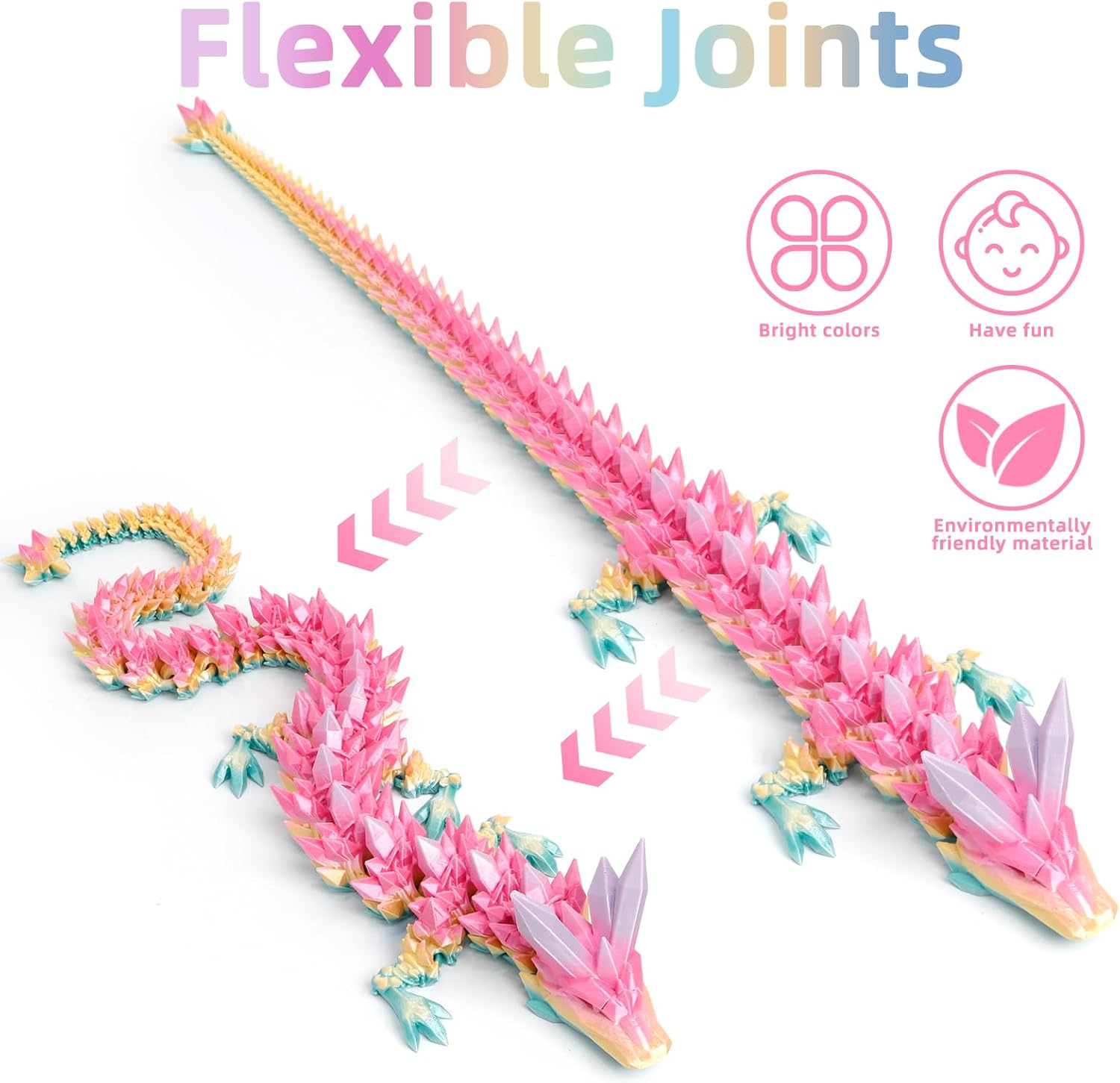 3D Printed Dragon - 24 Inch Fidget Toy, Large Crystal Articulated Dragon, 3D Printed Gift for Birthday, Figurine Decor, Desk Pet(Candy Rainbow)