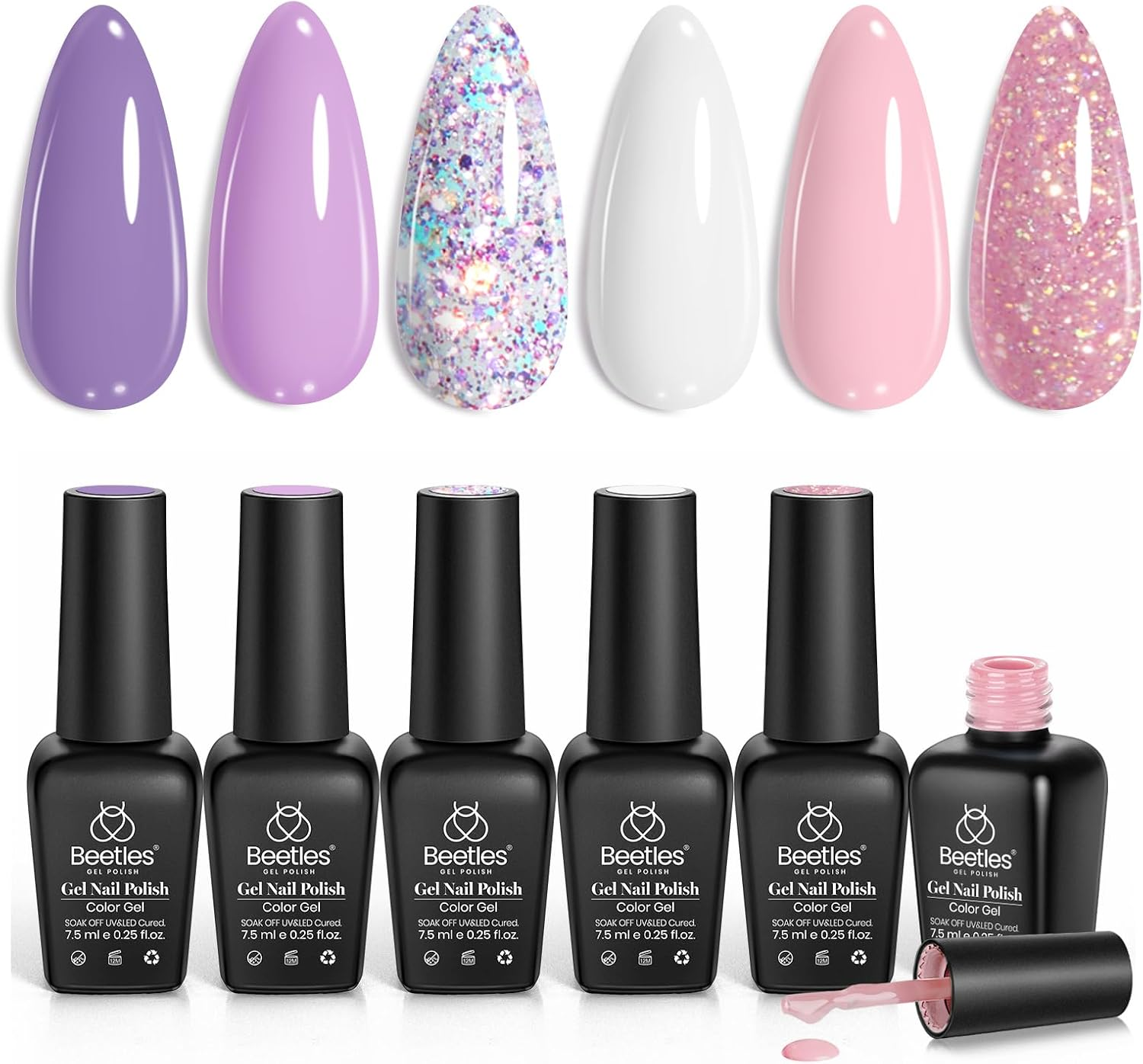 Beetles 6 Colors Gel Nail Polish Kit, Romantic Garden Pink Purple Glitter Gel Polish Milky White Soak off Nail Lamp Cured Nail Art