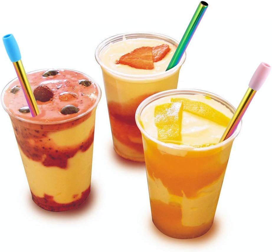 6 Pcs Reusable Bubble Tea Straws, Boba Straws 12Mm Wide Stainless Steel, Angled Tips Metal Straws for Bubble Tea, Milkshakes, Smoothies with Cleanning Brush & Case (Rainbow)