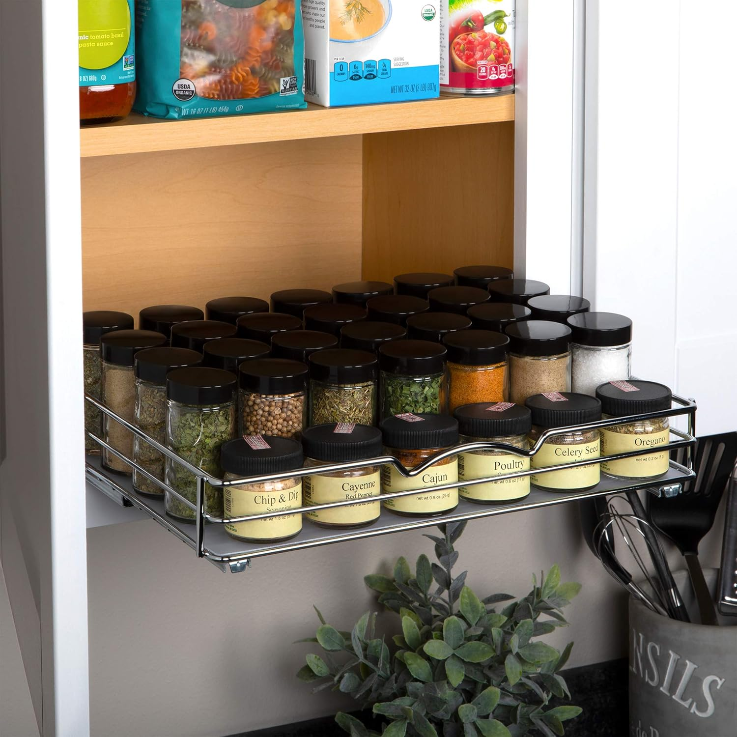 Pull Out Cabinet Organizer for Spices, Cans - Heavy Duty with Lifetime Limited Warranty- Pull Out Spice Rack- Cabinet Pull Out Shelf for Cans,Dishes, Etc, 14-3/8"Wx 10-1/2"D X 2-3/4&rdquo; H, Chrome image number 2