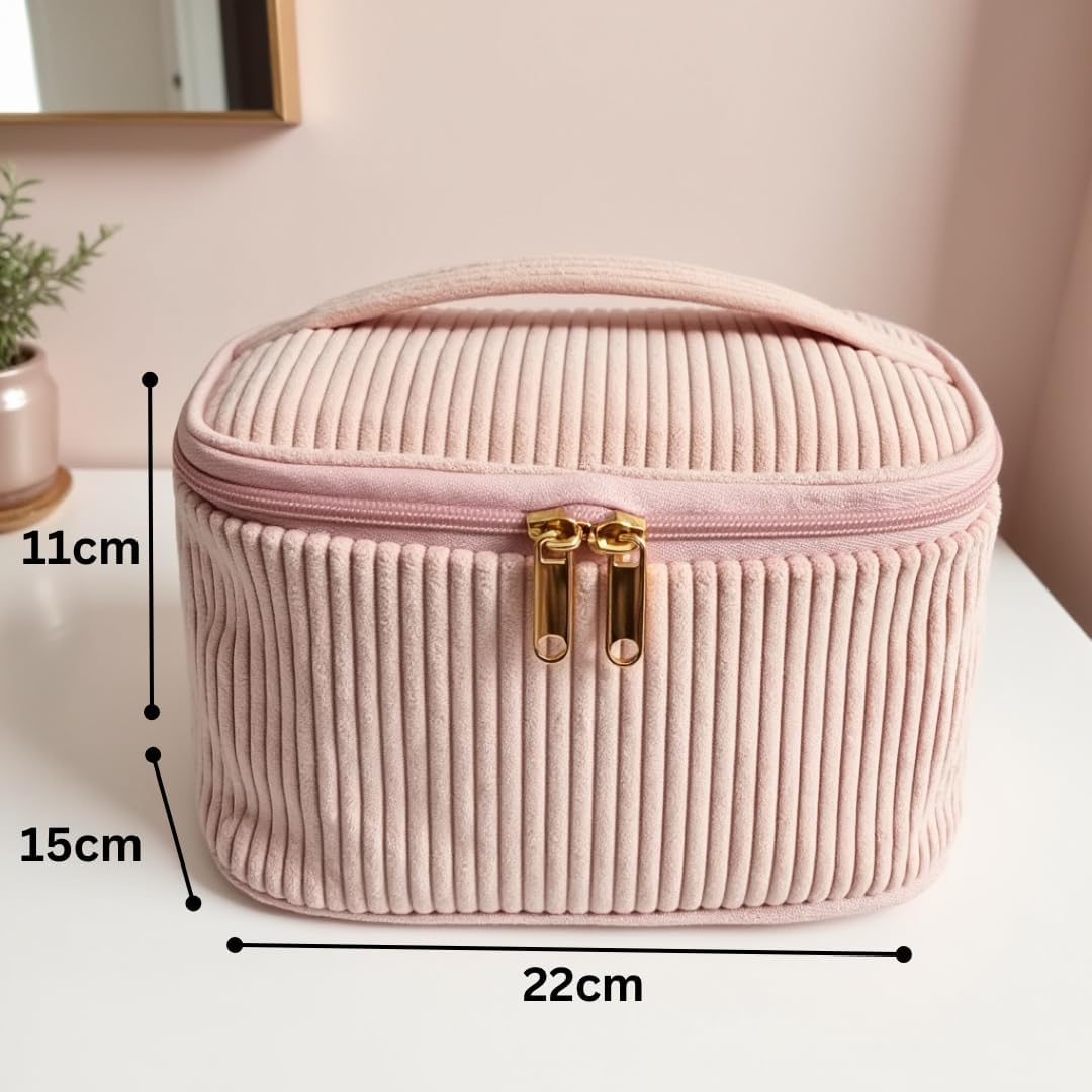 Set of 4 Cosmetic Bags - Cosmetic Bag Made of Corduroy Pink - Makeup Bag, Make up Bag, Wash Bag for Travel, Cosmetic Bag Women, Pink, Pink Cosmetic Bag with Golden Zip image number 5
