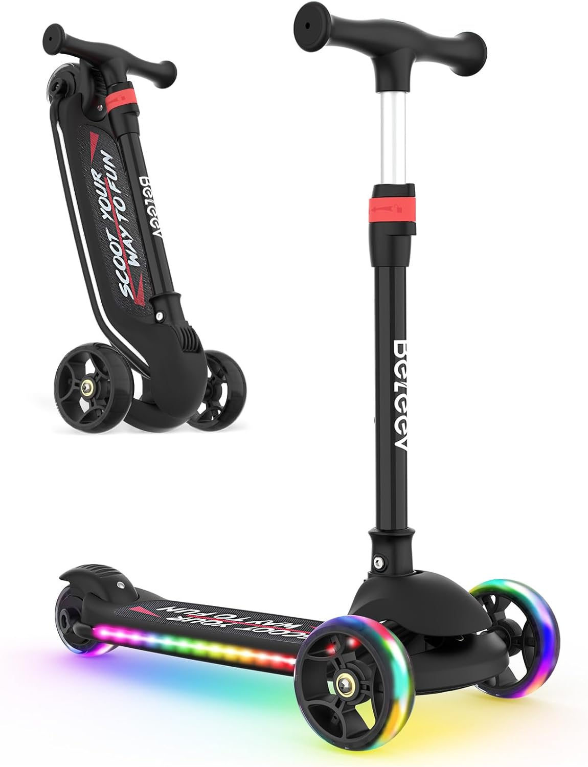 BELEEV A9 Scooters for Kids with Light-Up Wheels & Deck, 3 Wheel Folding Scooter for Girls Boys Ages 3-12, 4 Adjustable Height, Non-Slip Pattern Deck, Kick Scooter Gifts for Children