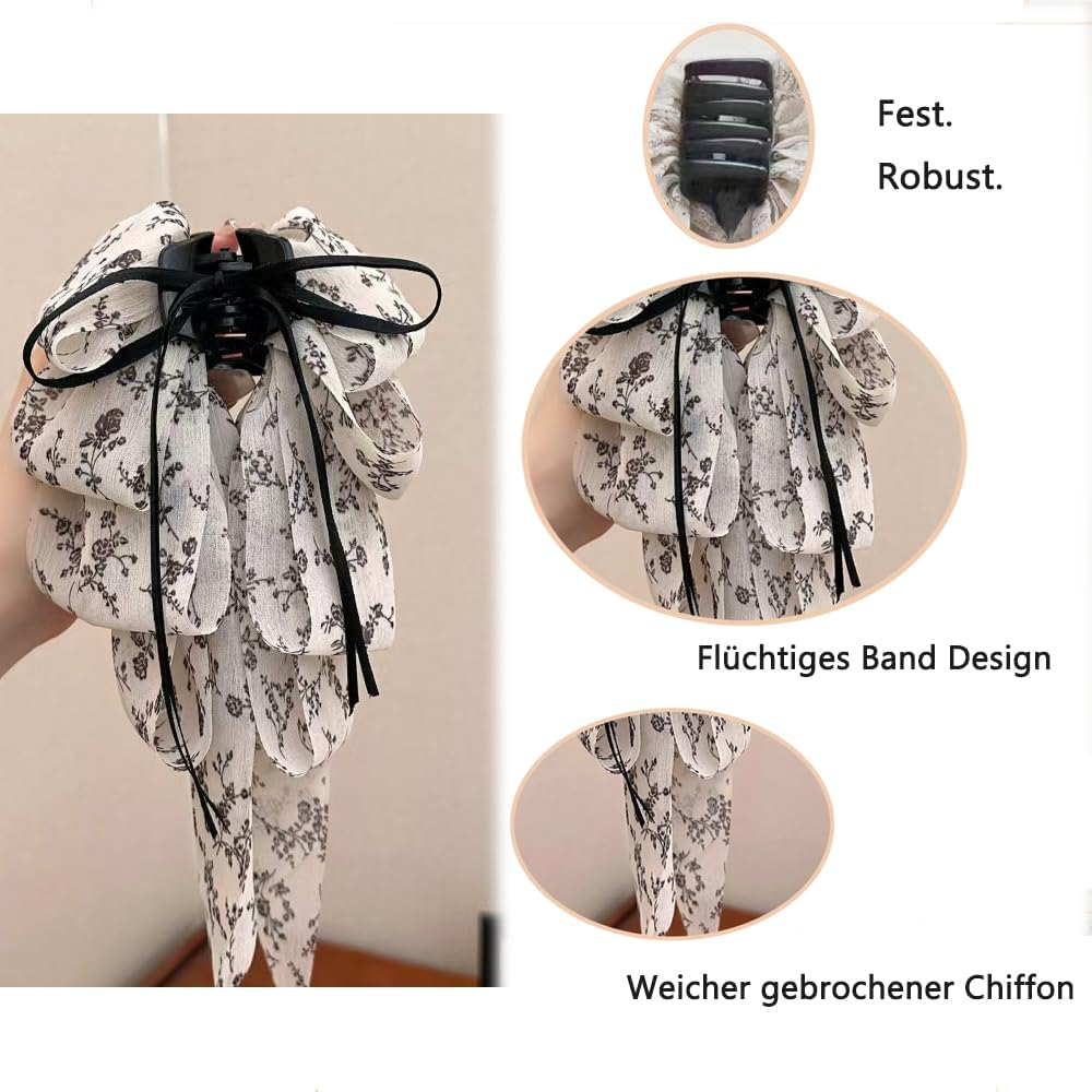 Large Bow Hair Clips with Long Ribbon Soft Broken Chiffon Ponytail Holder Shape for Women (Pack of 1)