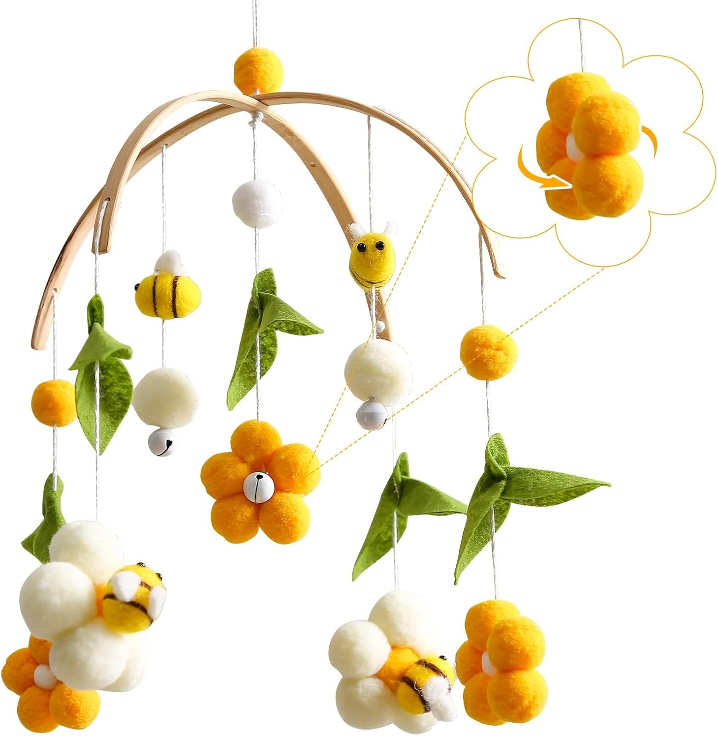 IEATFO Baby Mobile for Crib Crib Nursery Mobile for Boys Girls Boho Bee Flower Nursery Decor Soothe Toy Baby Shower Set for Infant Bedroom Hanging Decoration Toy(Bee) image number 1