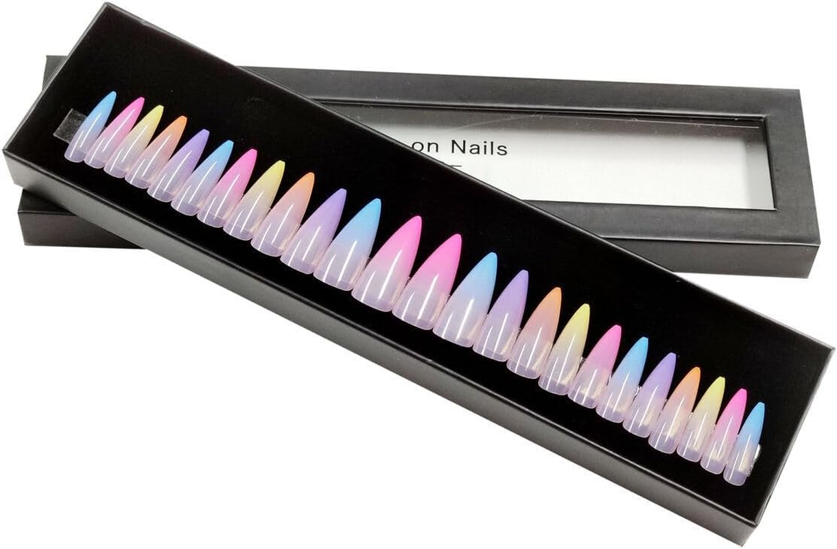 Press on Nails Fake Long Point Pointing Nail Tips Rainbow Stiletto 20 Pcs image number 3