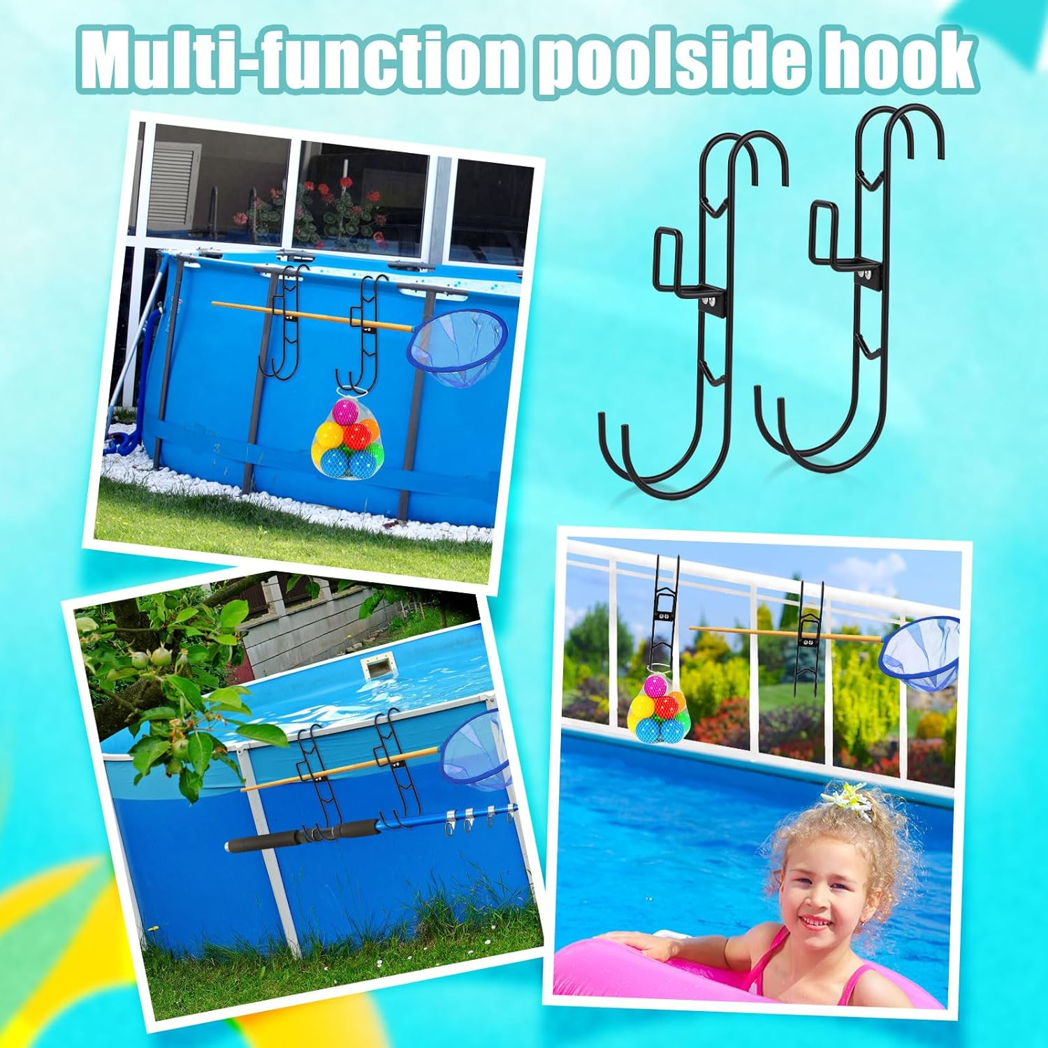 2 Sets Poolside Hanging Hooks, 2 Usages Pool Rack Hooks with Detachable Pool Fence Double Hook Design No Drilling Required Waterproof Pool Pole Hangers for Skimmers Brushes Nets Accessories image number 4