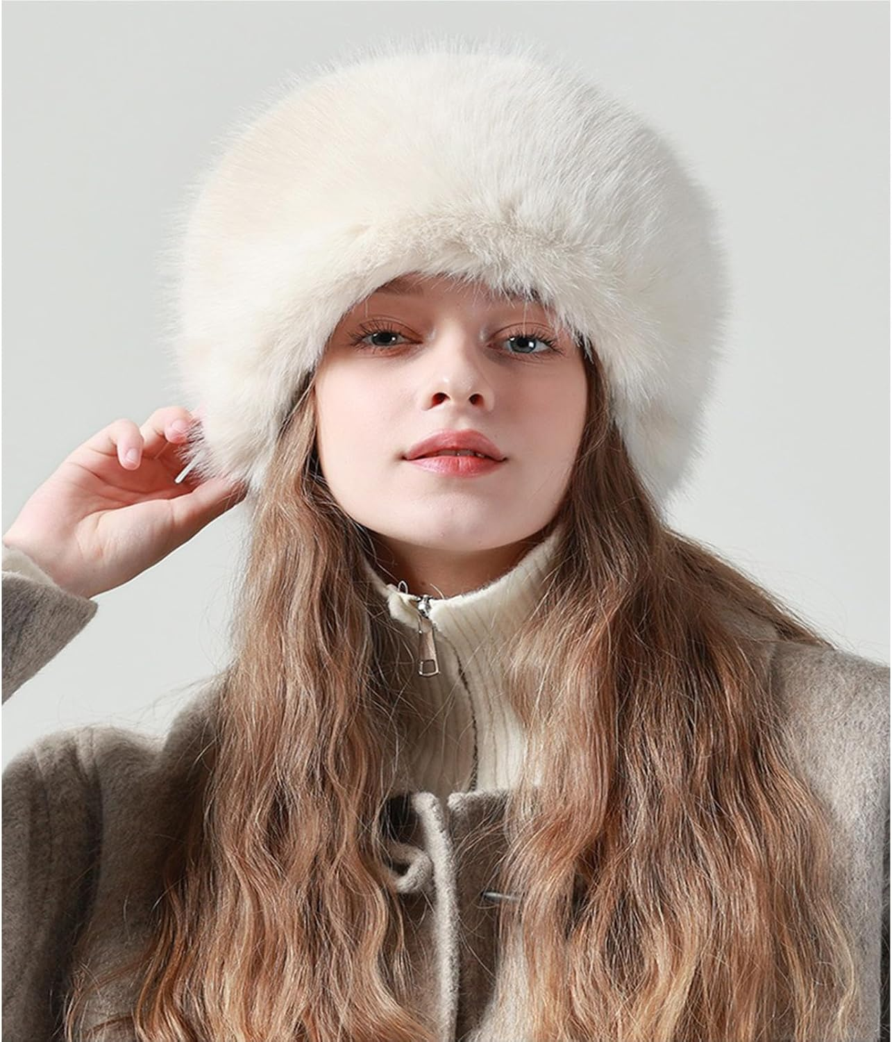 HENWUBEI Women&rsquo;S Russian Faux Fur Bomber Hat - Winter Trapper Ear Warmer for Skiing, Hunting, Travel, Soft Fluffy Fleece-Lined Cold Weather Hat White image number 6