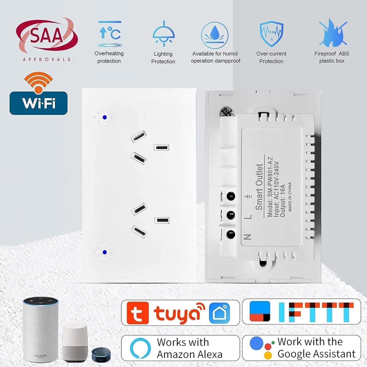 Smart Wall Socket 16A, Wifi Wall Outlet 2AC Individual Controls, Smart Plug Smart Power Point GPO, Voice Control Compatible with Alexa & Google Assistant, Timer Schedule, Overload Protection(1 Pack) image number 1