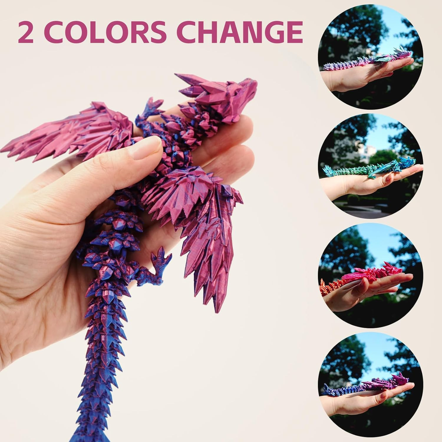 3D Printed Articulated Dragon with Wings - 9" Purple Winged Dragon for Home Office Decor and Executive Desk Toys image number 5