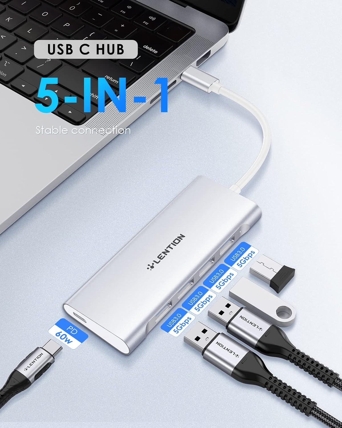 LENTION USB C Hub with 4 USB 3.0 & Type C Charging Compatible with Iphone 17 Series, 2025-2016 Macbook Pro, New Mac Air, Surface, Chromebook, More, Stable Driver Type C Multiport Adapter (C31, Silver) - Light Grey image number 3