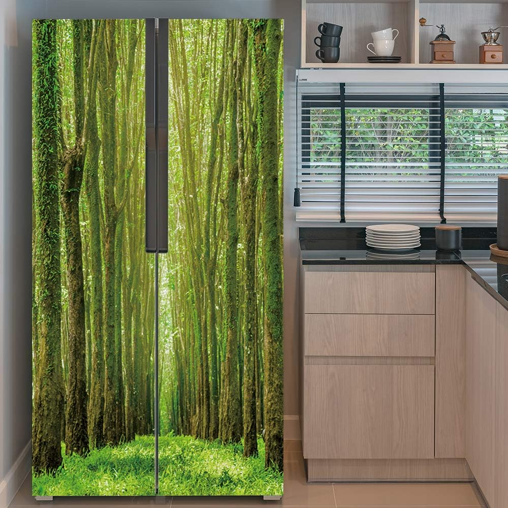Nature Art Self Stick Vinyl Door Mural Sticker, Peel and Stick Removable Refrigerator Wrap Decal, Green Forest, 32.3X78.7, 2 Pcs Set - Bookcase image number 4