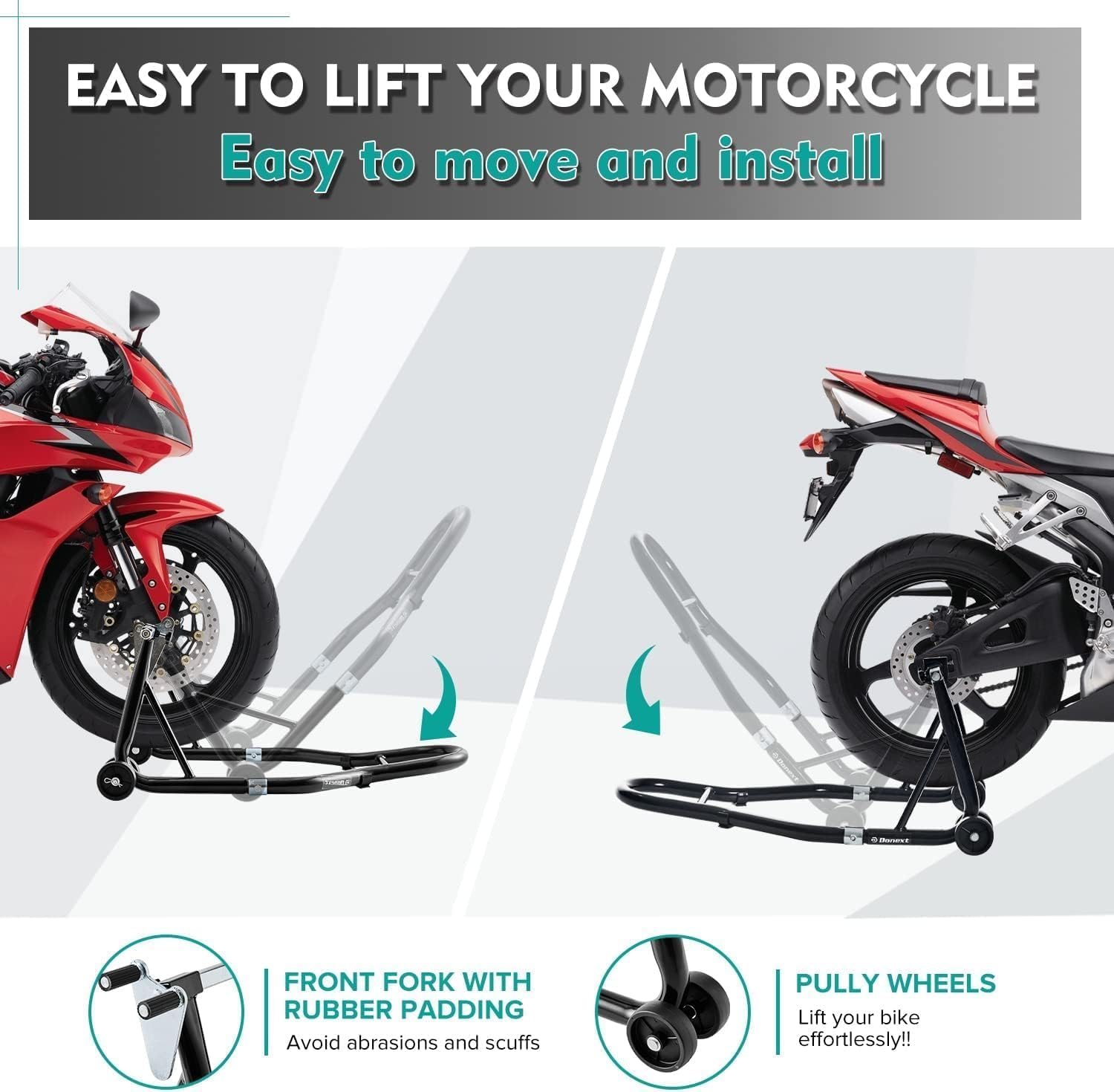 Motorcycle Stand Lift, 850Lbs Front Rear Combo Stand Lift Stand, Front Wheel Fork Stand, Rear U+L Fork Swingarm Spool Stand, Compatible with Most Yamaha Honda Kawasaki Suzuki Motorcycles