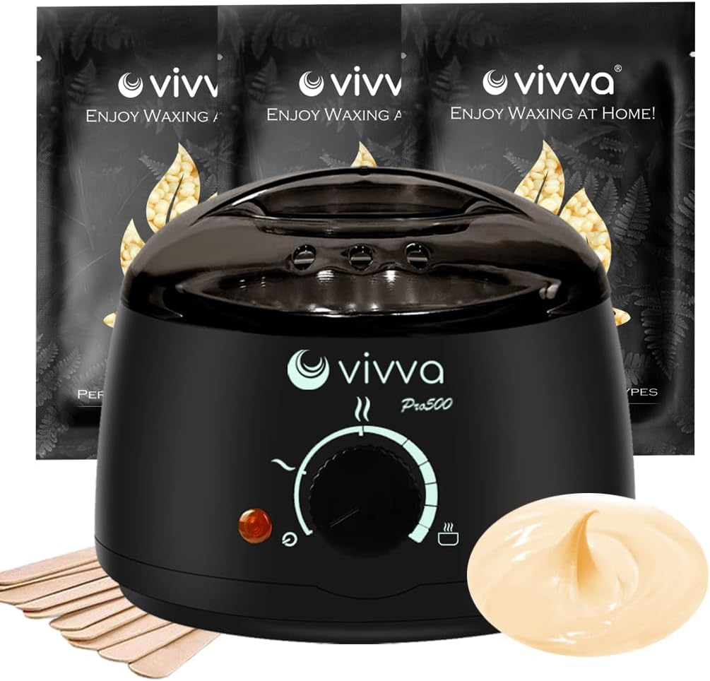 Vivva Waxing Kit, Wax Warmer Hair Removal Adjustable Temperature with 600G Hard Wax Beans and 20 Pcs Wooden Applicator Sticks Painless for Legs, Face, Underarm, Bikini (Black Kits)