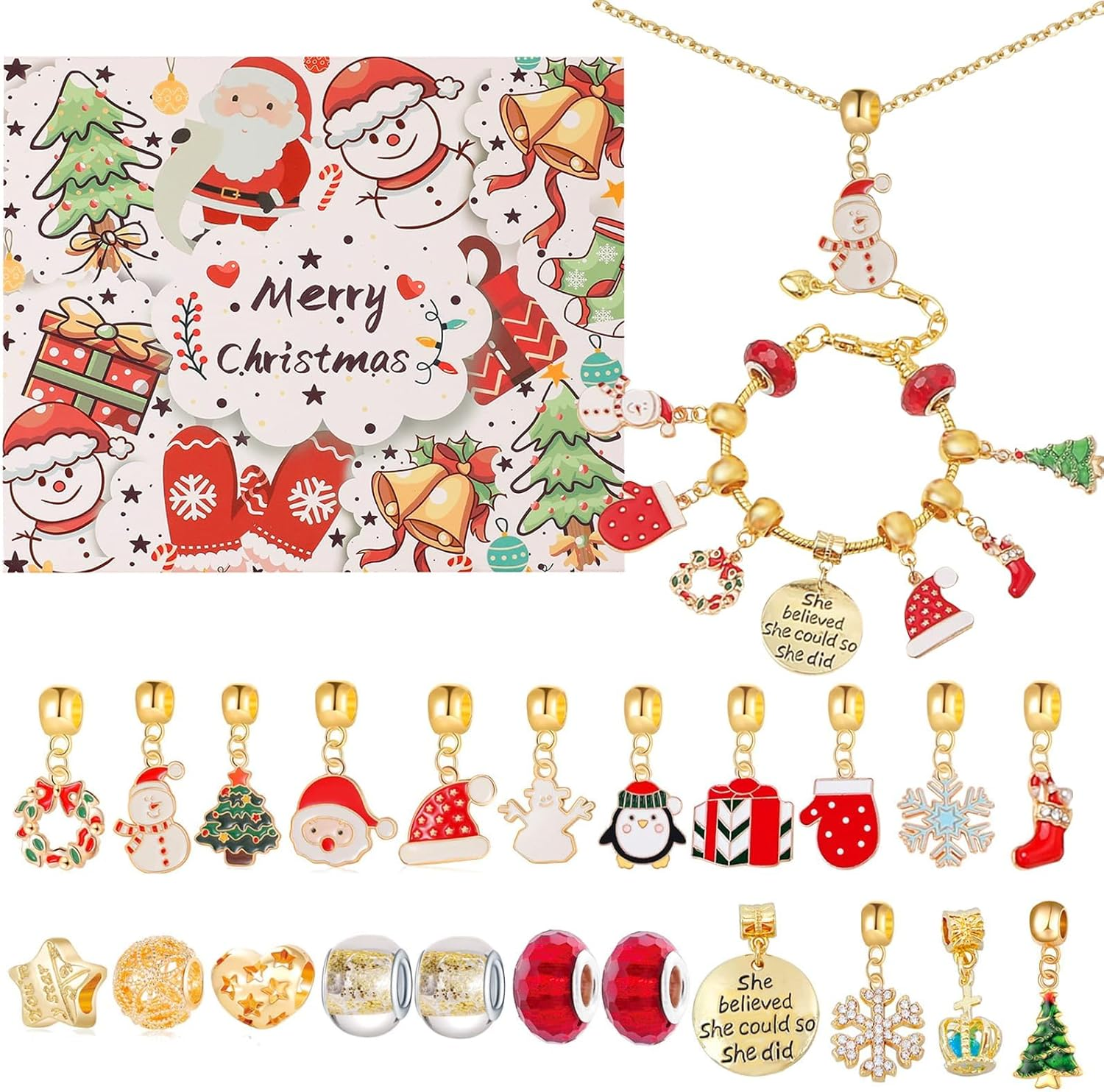 Christmas Advent Calendar Bracelets Set Christmas Countdown Calendar DIY Bracelets Necklace Jewelry Pendant Making Kit, Christmas Jewelry for Girls Kids Women Gift image number 4