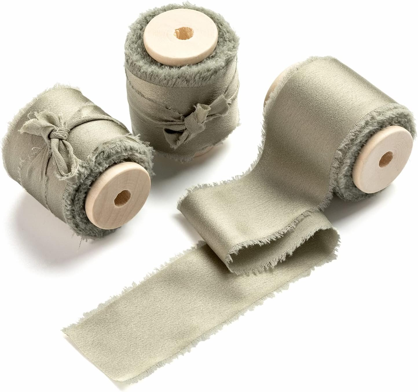 AOKSUNOVA Champagne Ribbon 3.8Cm Silk Satin Ribbon with Wooden Spool Handmade Frayed Ribbons for Gift Wrapping Flower Bouquet