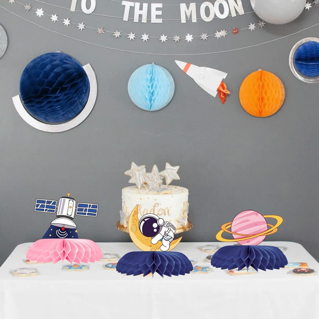 Outer Space Themed Honeycomb Centerpiece 9 PCS Outer Space Party Decorations Birthday Party Table Toppers Double Sided Table Decorations Planet Rocket Astronaut Solar System Party Supplies image number 5