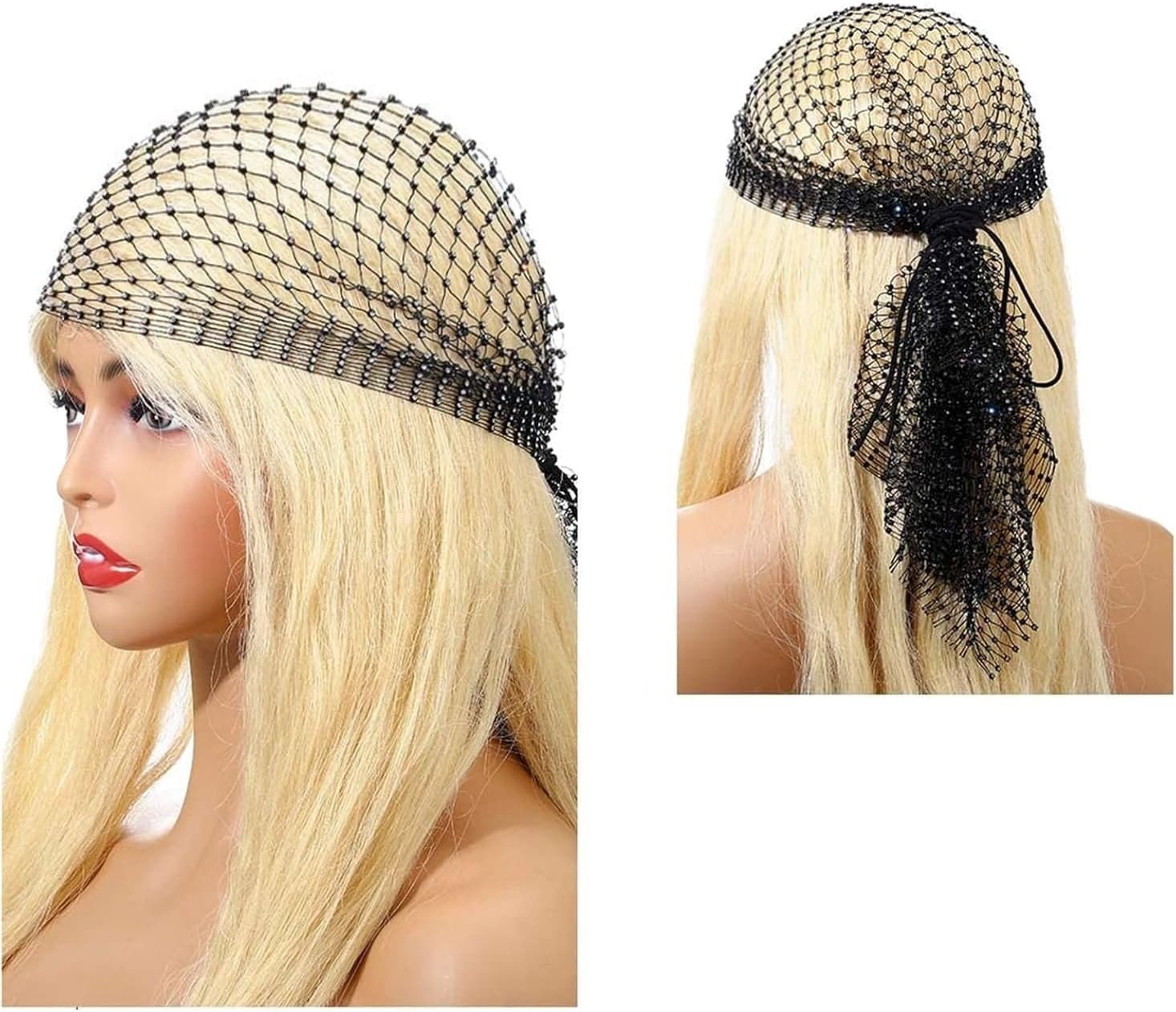 Sexy Sparkly Rhinestone Mesh Headband Hijab Cap Head Wrap Fishnet Rave Party Head Scarf Turban Hat Hair Accessory for Women Girls (Black, 1PC) image number 2