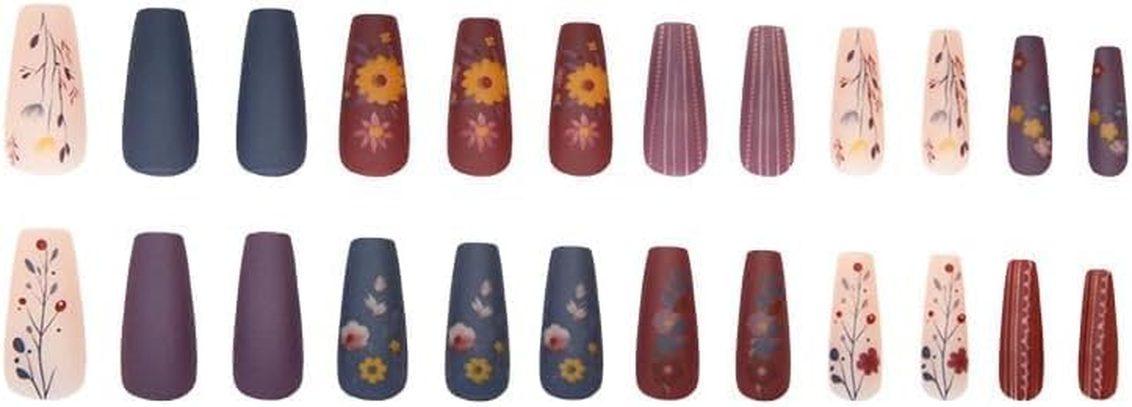 LYMCY Press on Nails French,Vintage Frosted Flower Stripe False Nails, Artificial Nails for Women and Girls -24 Pcs image number 4