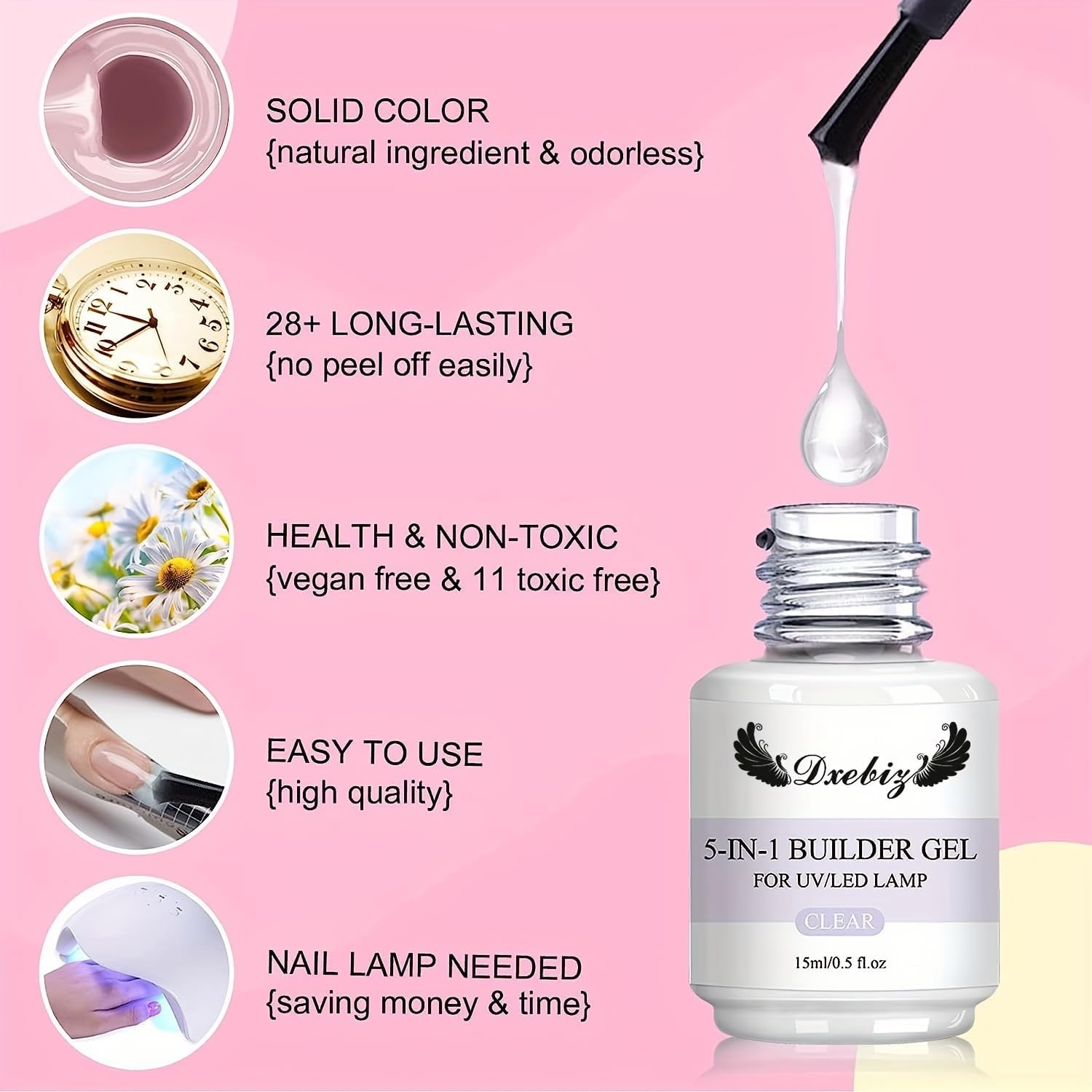 Hotolove 5-In-1 Builder Nail Gel Set - 2 Colors 15ML Builder Nail Gel Set for Nail Extension, Nail Repair, Reinforcement, Sticking Diamonds & Nail Art Design image number 3