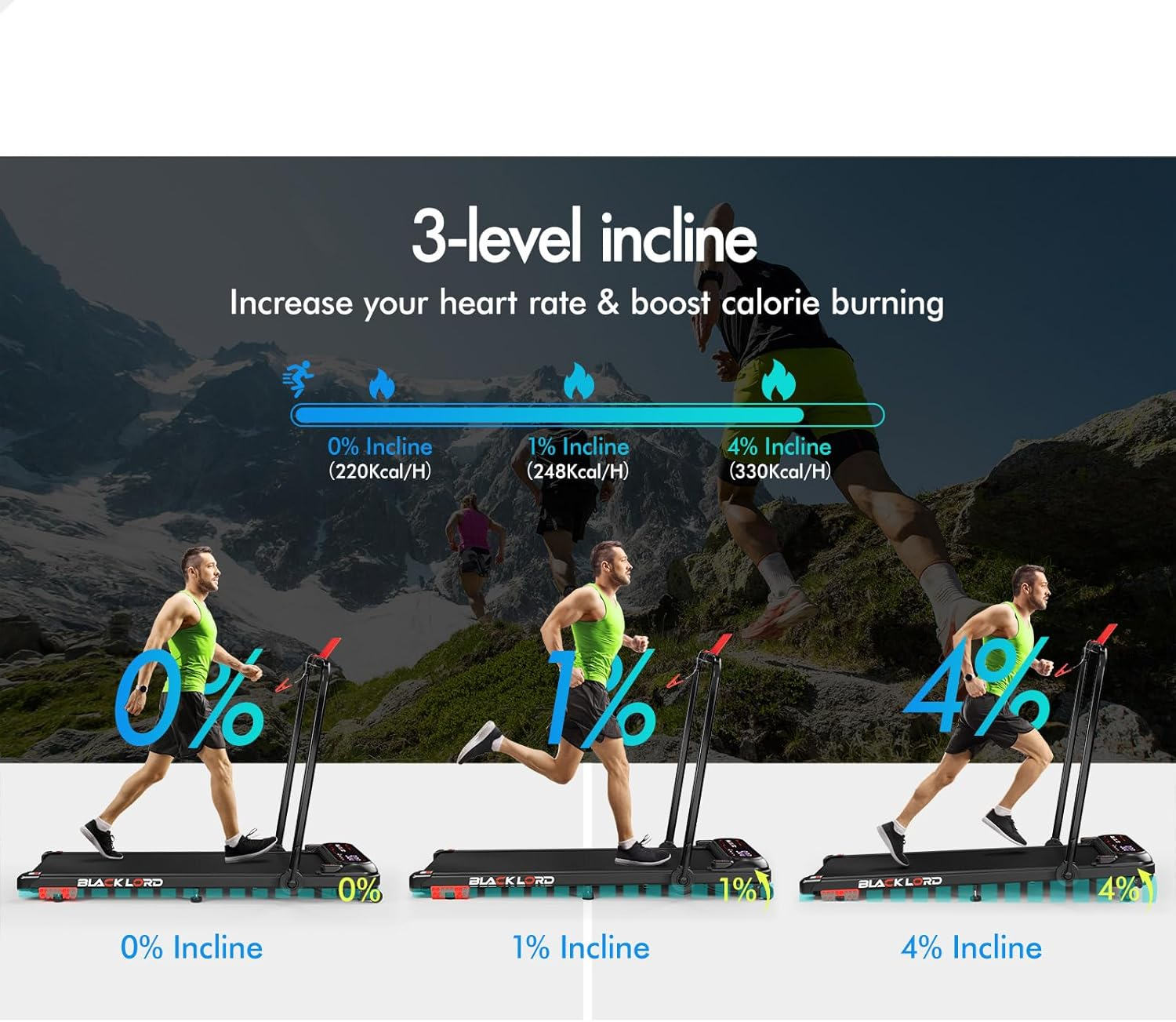 BLACK LORD X7-H Series Black Walking Pad under Desk with 3-Level Incline and Foldable Handle, 3.0HP Treadmill 11KM/H Max Speed, Jogging Running Machine for Home Gym Work Out image number 4