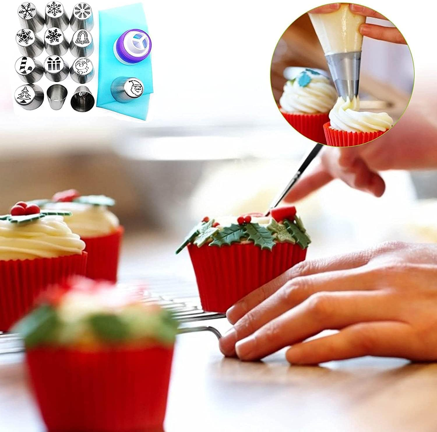 Christmas Flower Frosting Tips Nozzles, Xafissy 15PCS Christmas Russian Piping Tips Christmas Icing Nozzles Snowman Snowflake Christmas Tree Santa Claus Pattern for Baking Cupcake Birthday Party image number 6