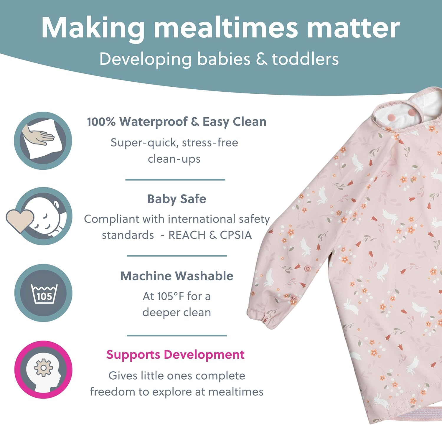 Bibado Baby Bibs with Sleeves - Toddler and Baby Led Weaning Bib - 6-36 Months, Attaches to Highchairs, Strollers, Tables image number 3