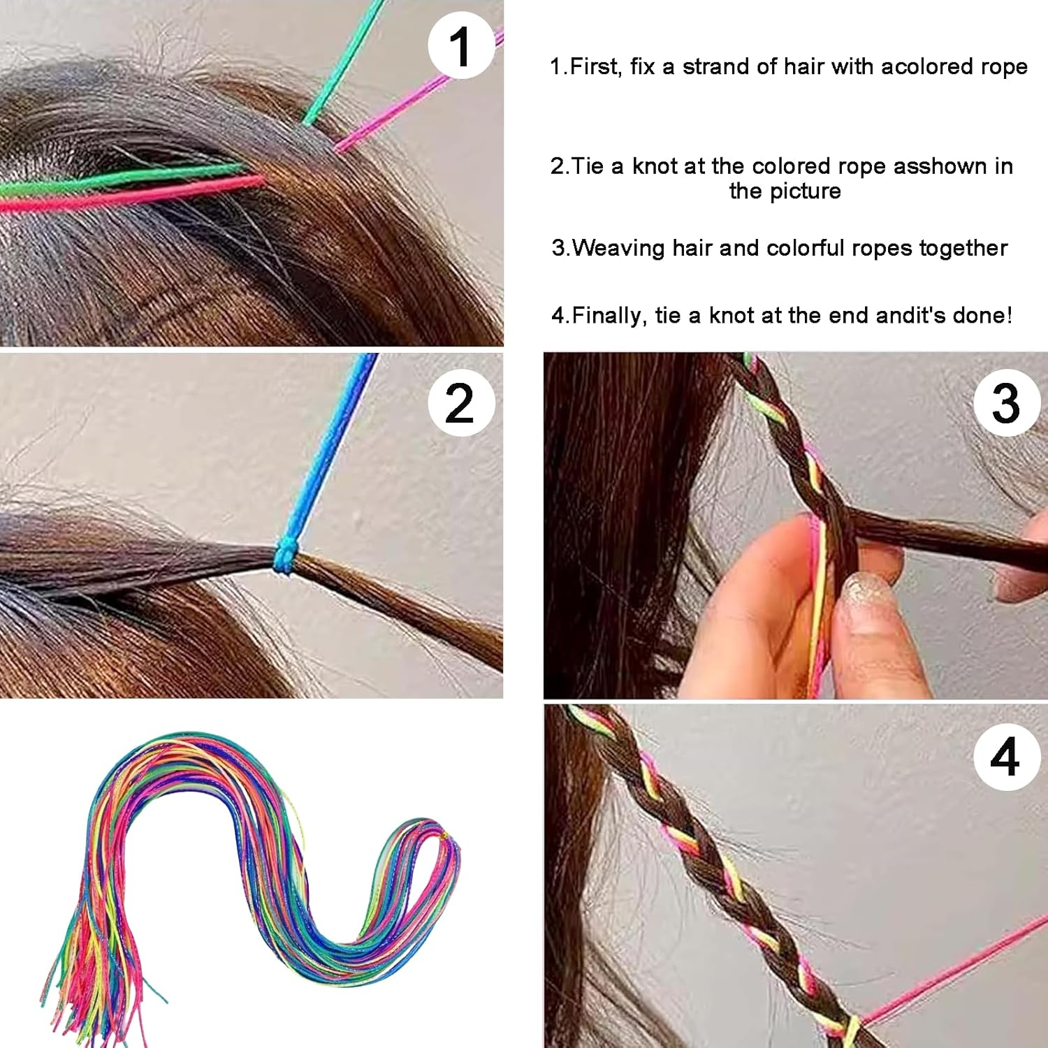 Treayes 30Pcs Colorful Hair Braiding Rope Strings for Rainbow Hair Wrap Cords for Braids, Rainbow Rope Strands, Colored Hairs Wrap Braided Ponytail image number 4