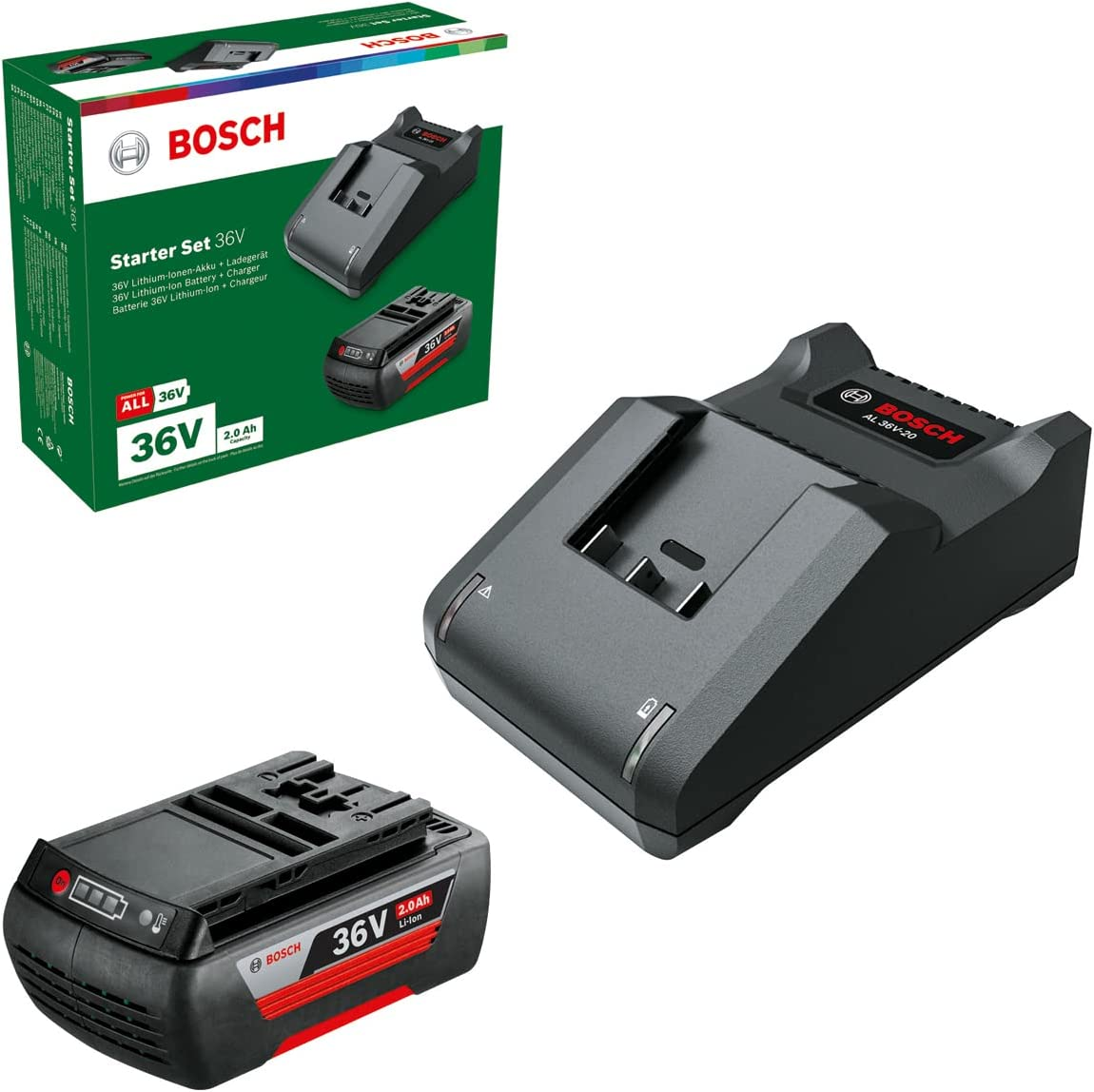 Bosch Home & Garden 36V 2.0 Ah Li-Ion Battery & Charger Starter Set 36V Power for All (DIY Home and Garden Tools)