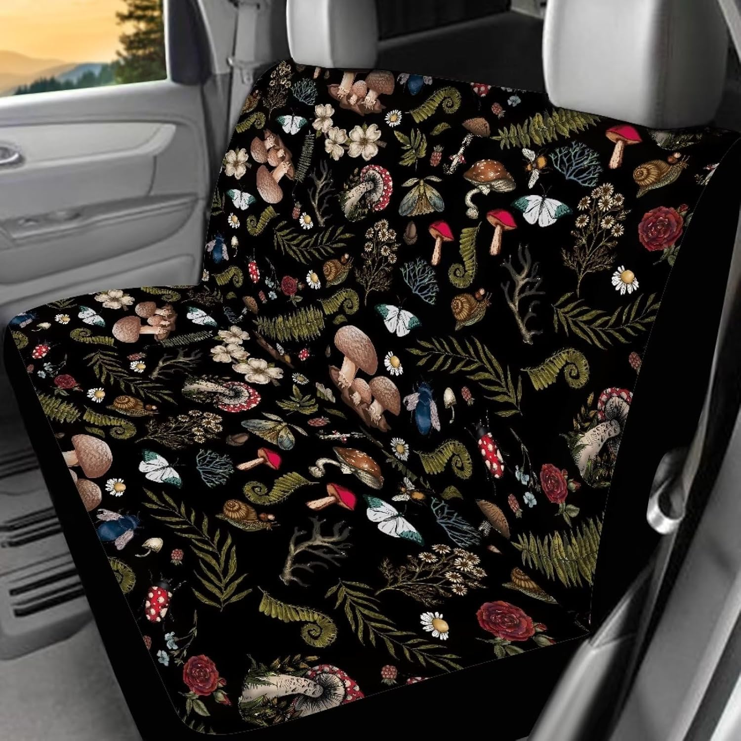 Drydeepin Cottagecore Mushroom Car Accessories Car Seat Covers for Backseat Boho Rear Split Bench Seat Cover Snail Moth Ferns Print Saddle Blanket Seat Protector Universal Auto Decor