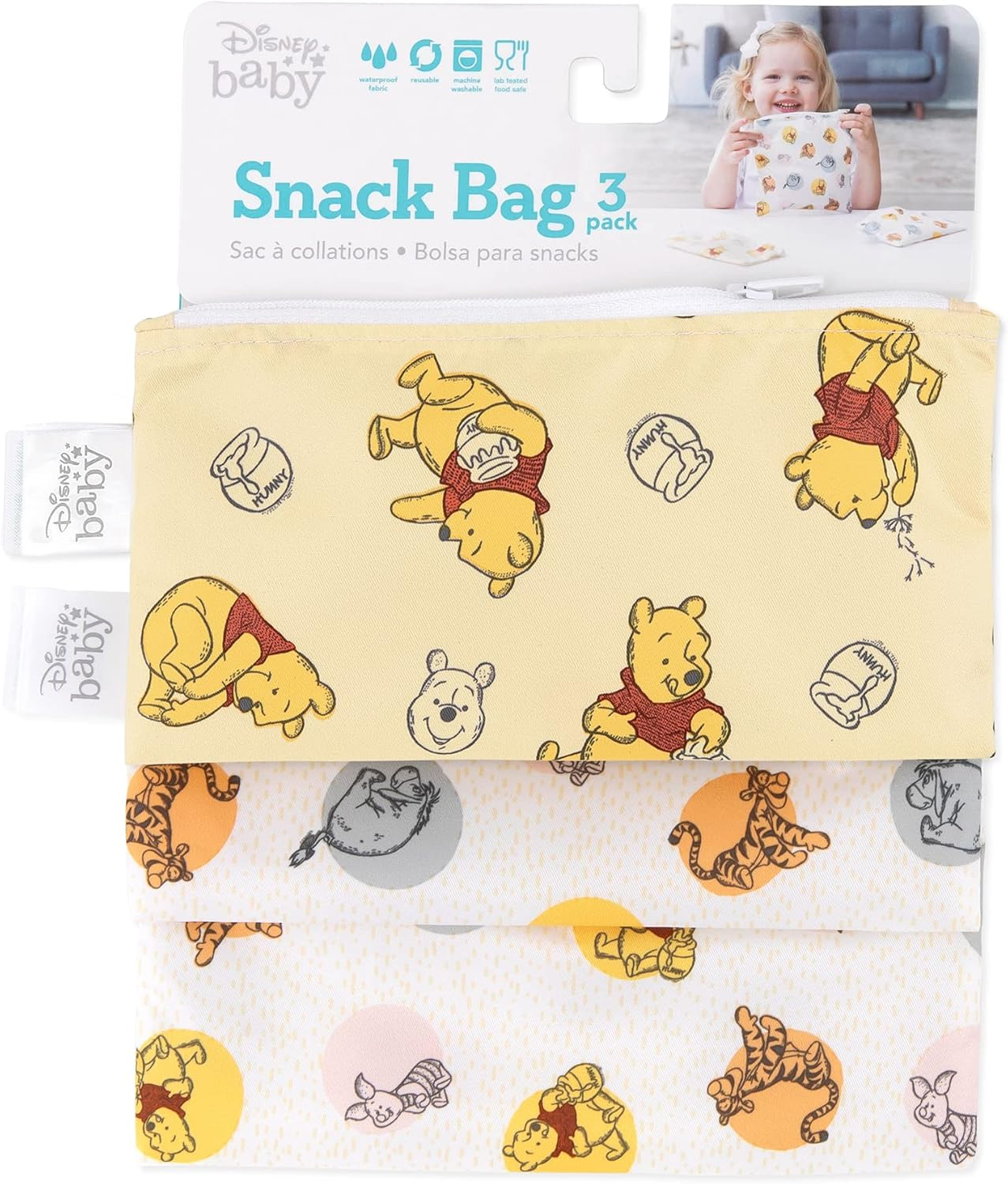 Bumkins Sandwich Bags/Snack Bags, Reusable Fabric, Washable, Food Safe, BPA Free - Disney Pooh Bear and Friends (3-Pack) (SB3-DWP20) image number 6
