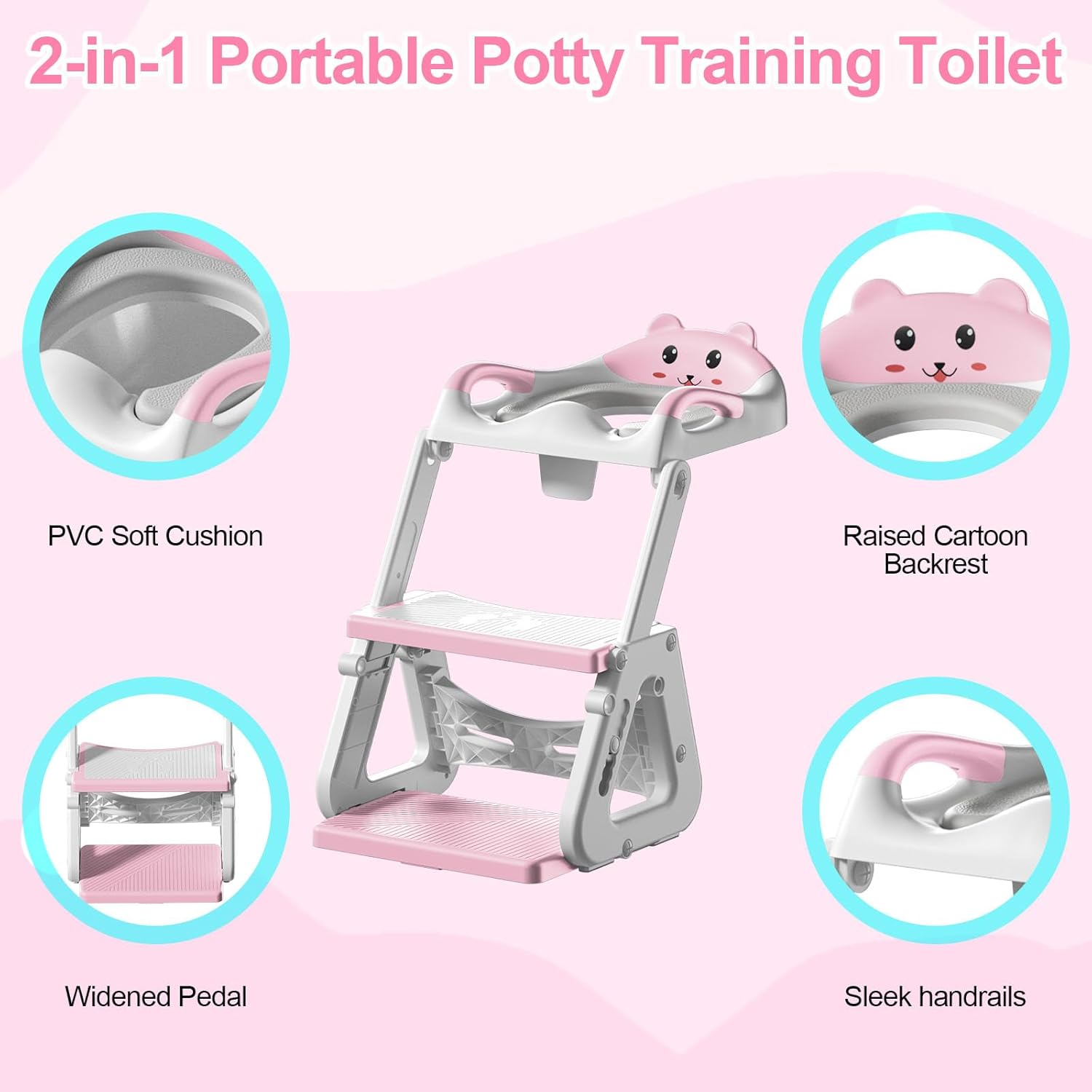 Kakeyrun Potty Training Toilet Seat, Upgrade Toddler Toilet Seat for Boys and Girls, 2-In-1 Potty Training Toilet with Step Stool Ladder Soft Cushioned Seat Splash Guard (Pink) image number 4