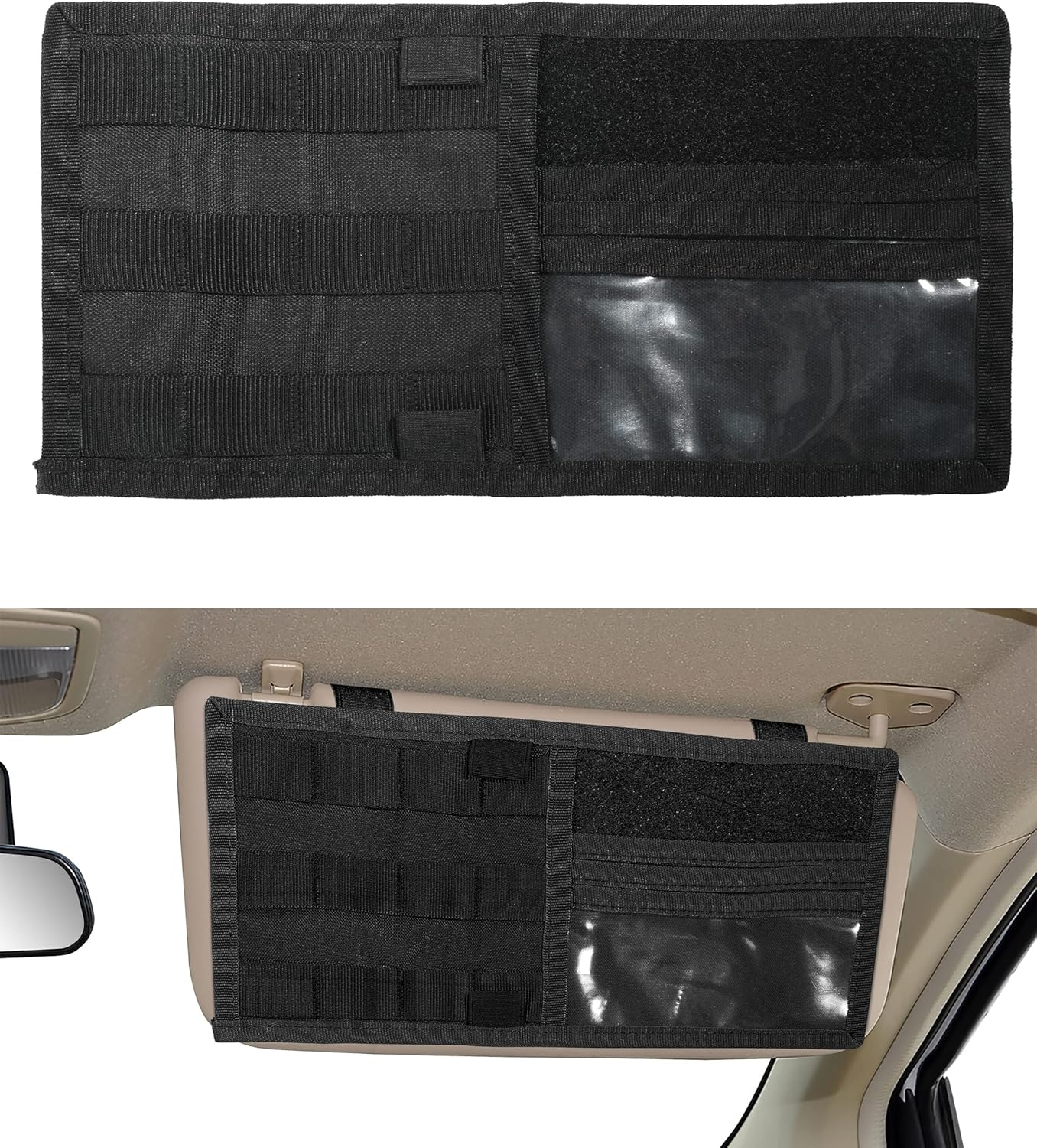 YAKEFLY Car Organizer, Visor Panel with Molle Elastic Straps, Vehicle Sun Visor Holder, Black